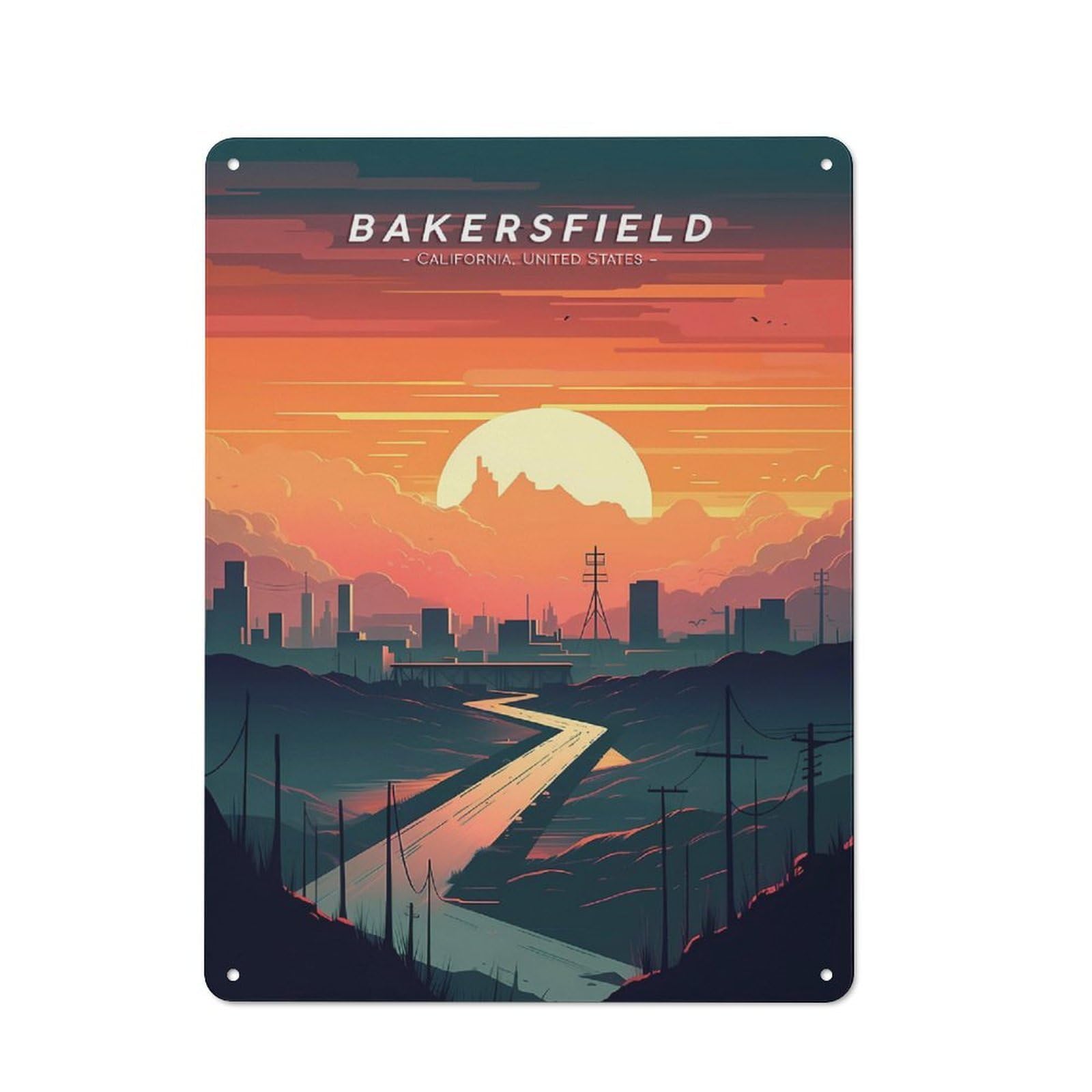 Junmoney Style-4 Bakersfield City Skyline Metal Wall Plaque 40X30cm, Character Room Wall Plaque For Hallway, Home Bar, Garage Or Study