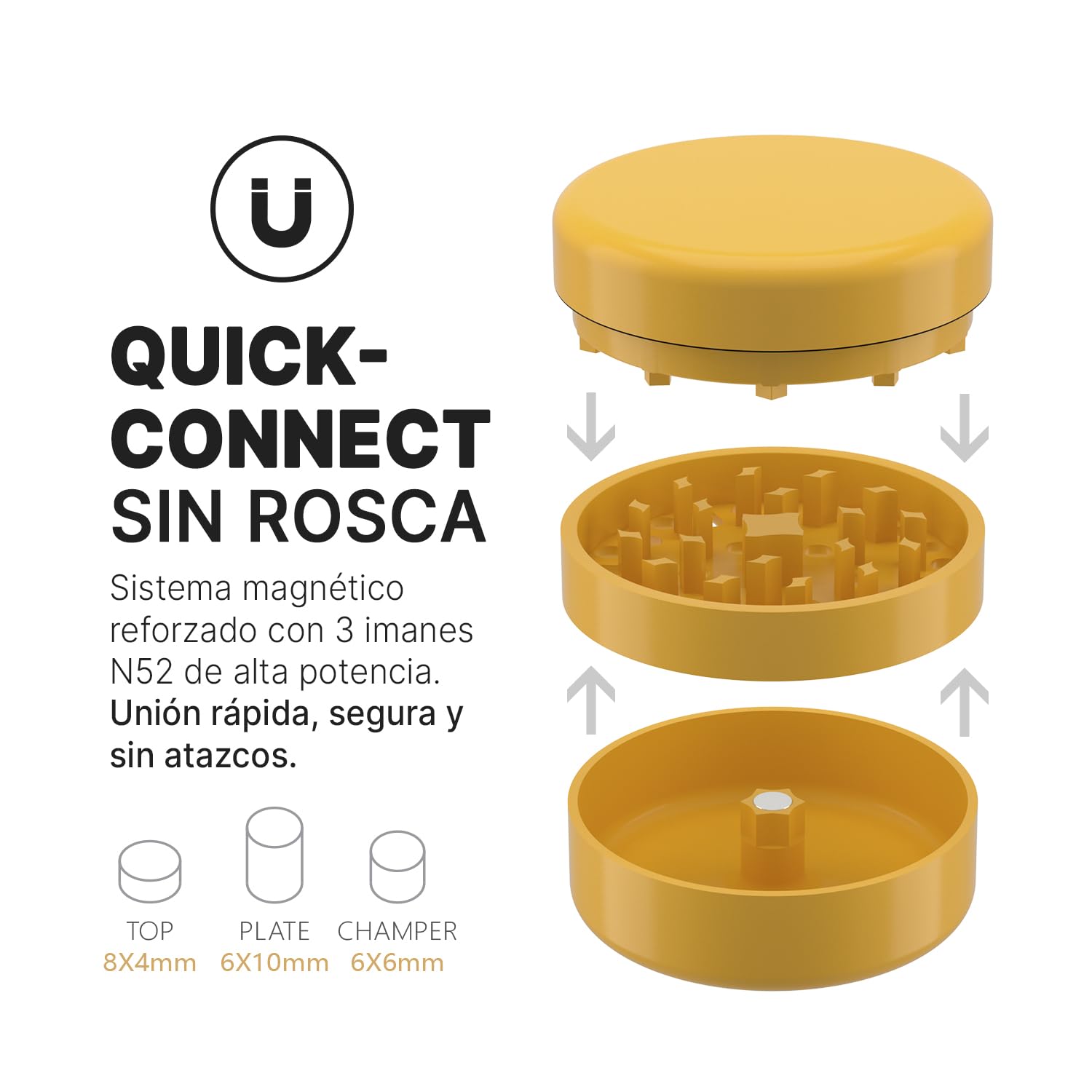 Grinder Premium CERAMIC NANO PRO 2.0 | Recubrimiento Nano Cerámico Antiadherente | Sistema Quick-Connect sin rosca triple imán N52 |62mm Ø Cámara Profunda | Molinillo para Especias (Amarillo)