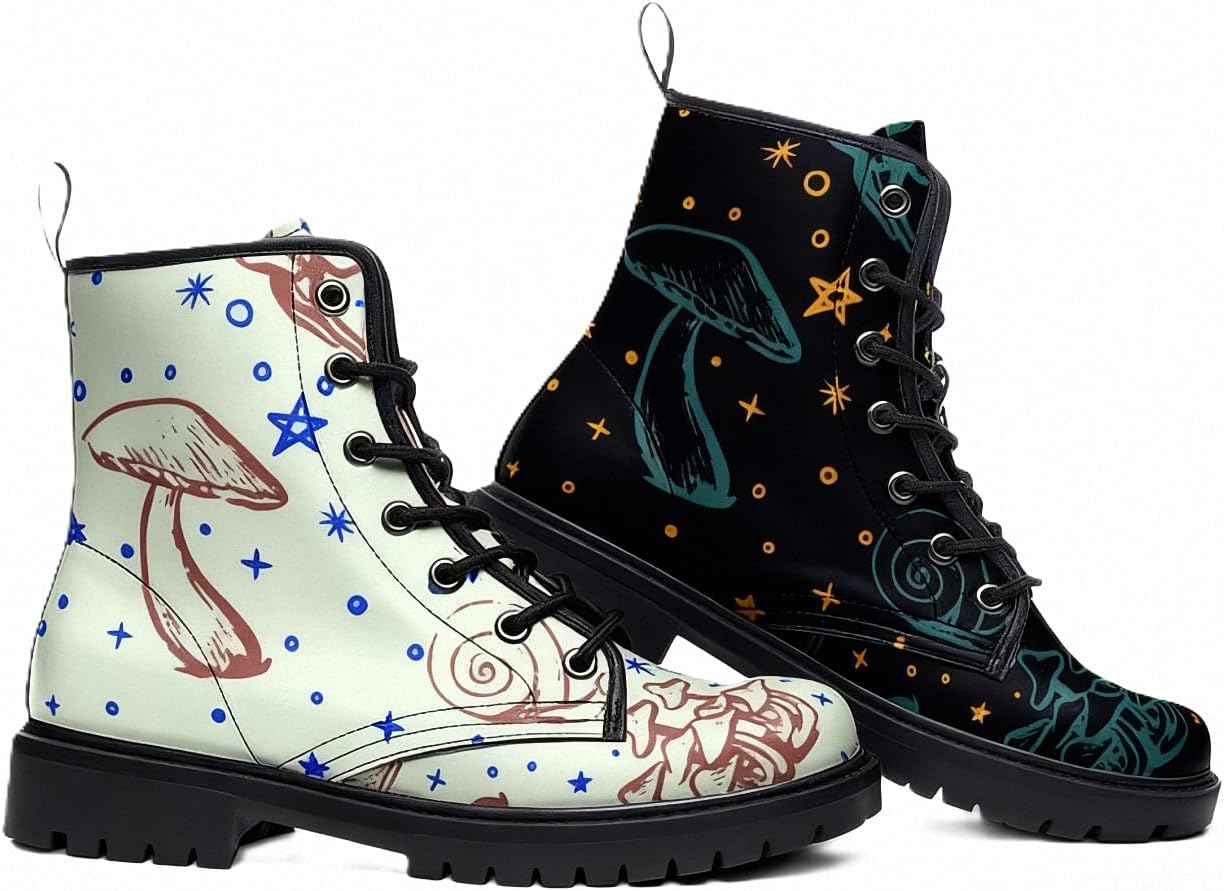 Women Printed Ankle Boots Flower Mushroom Skull Animals Solid-color Stylish Colorful Casual Everyday Platform Lace-up Leather Combat Booties Party Halloween Christmas - Image 3