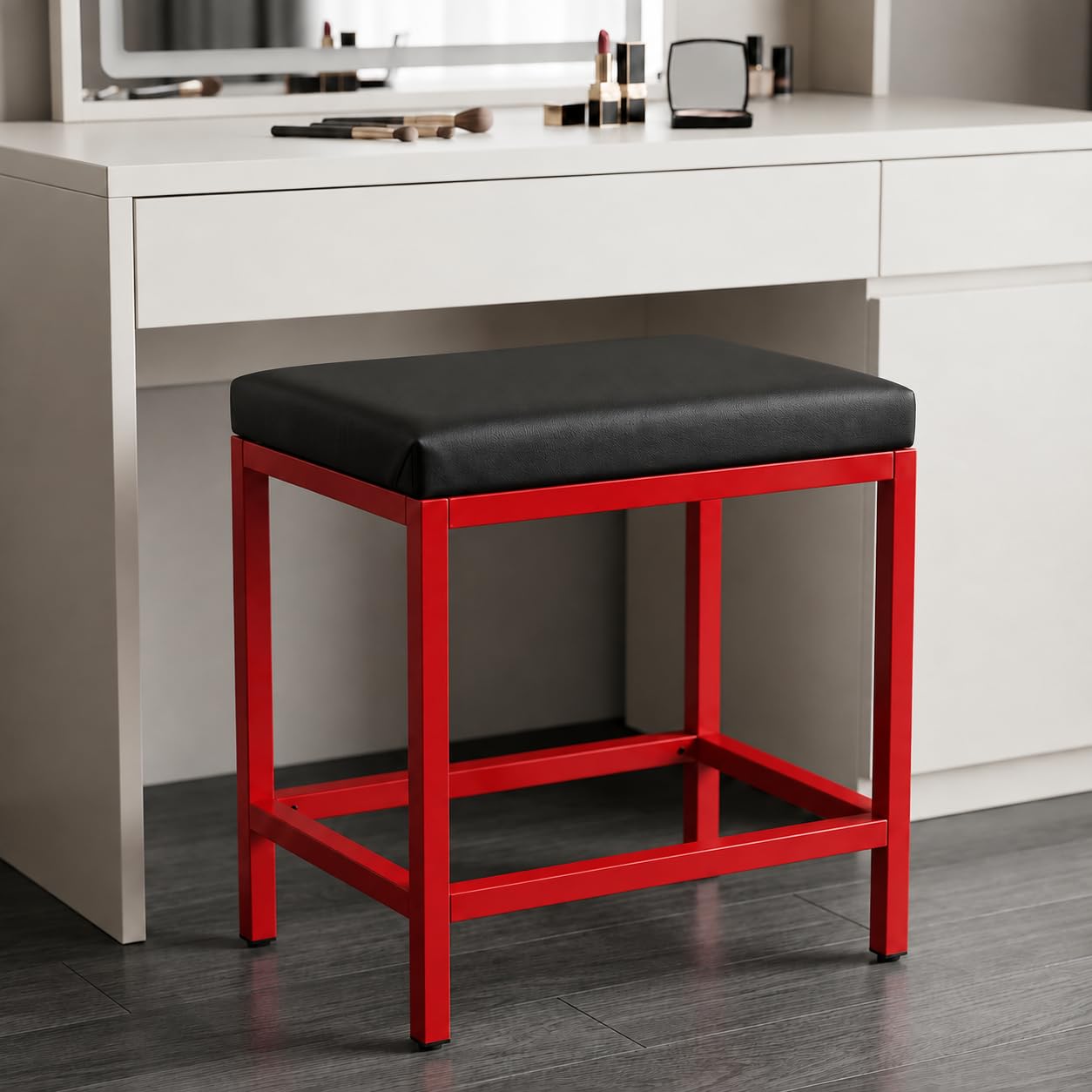 87124 vanity stool chair, square makeup chair with metal legs, cute ottoman vanity bench, foot stool for bedroom, living room, bathroom, red frame black cushion