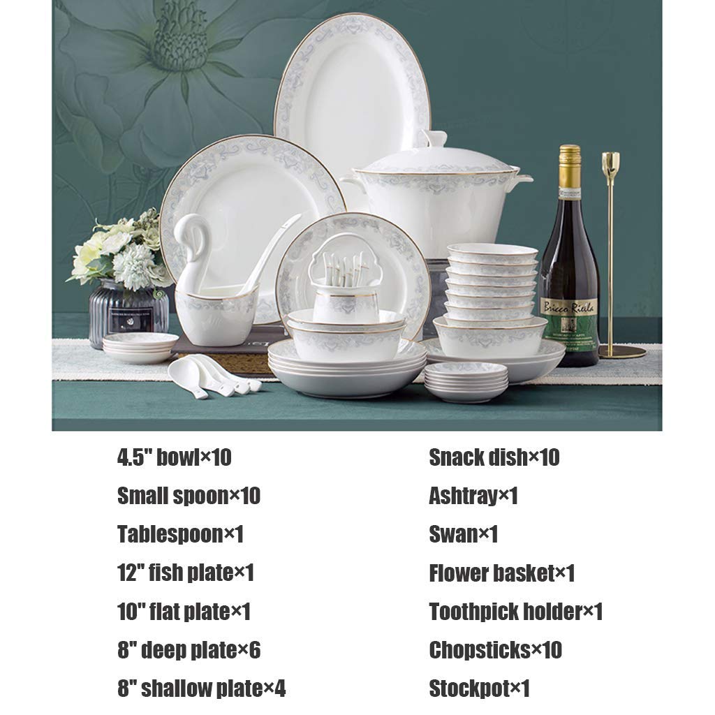 Stylowe talerze obiadowe, zestaw naczyń ceramicznych, miska i naczynie na płatki zbożowe oraz garnek do zupy | 58-częściowe zestawy obiadowe z porcelany kostnej na prezenty ślubne - elegancki zestaw