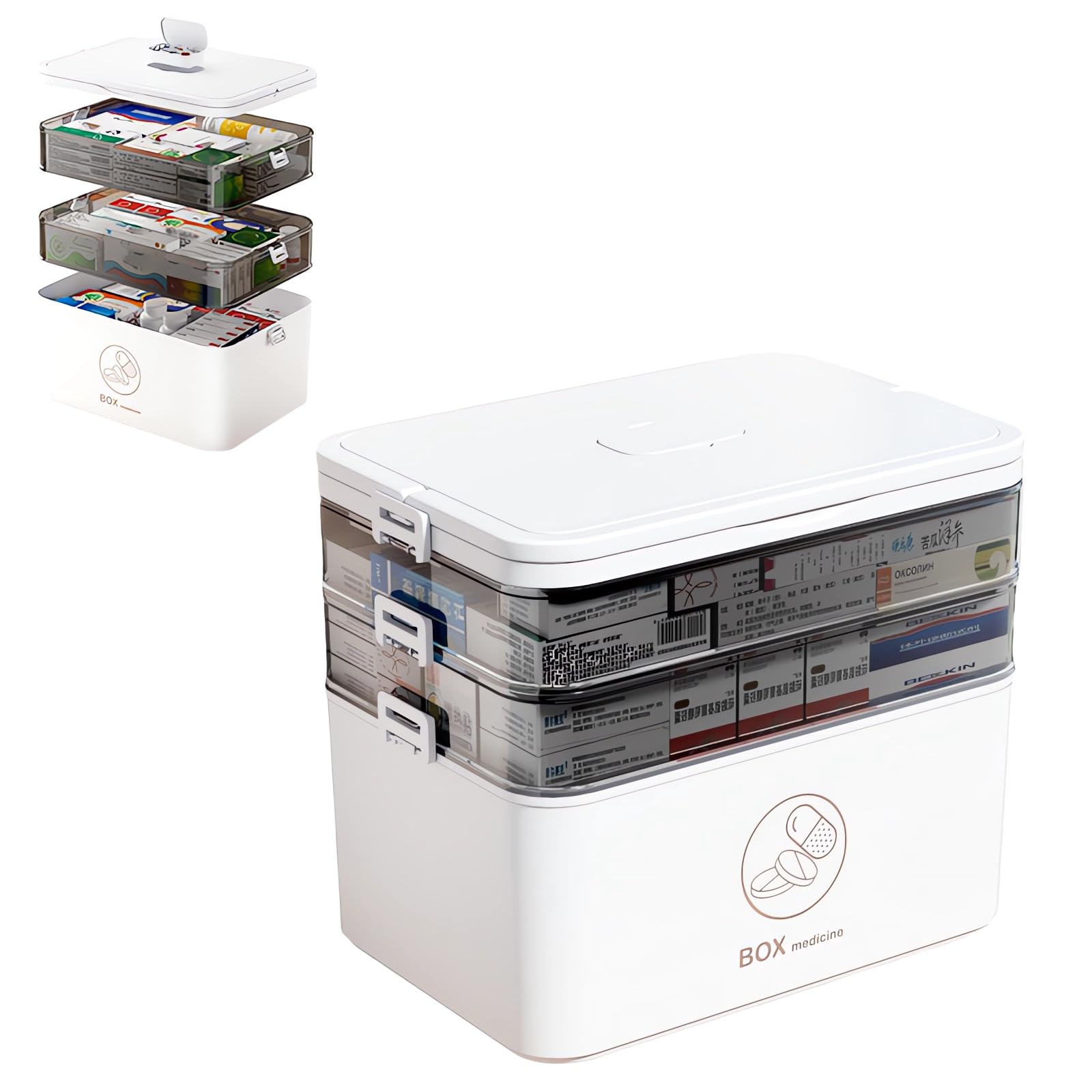 Grande scatola portaoggetti per medicinali, con coperchio, organizer medico per uso domestico, contenitore portatile di pronto soccorso per casa, ufficio, viaggi, auto, scuola (bianco, 3