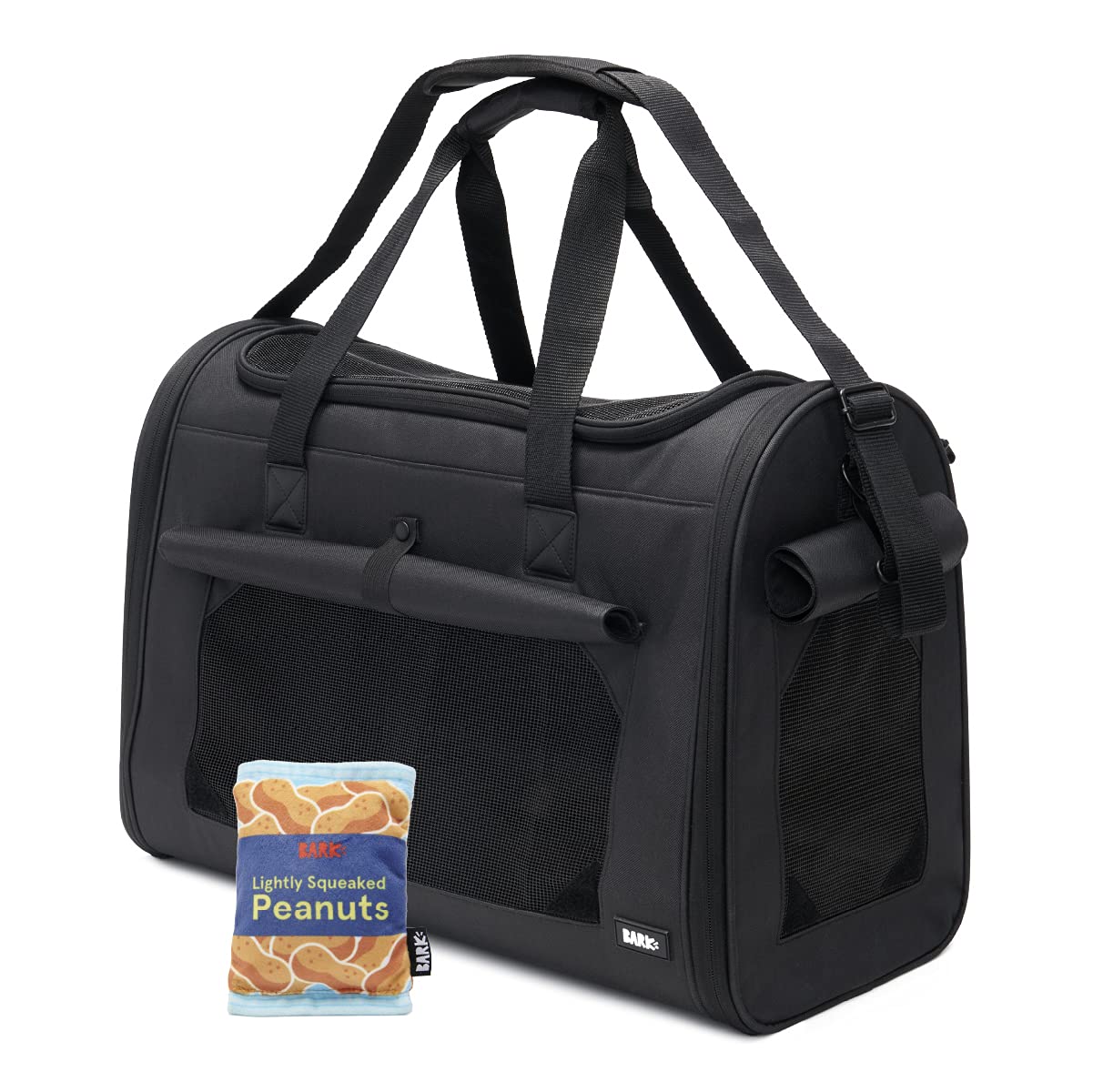 BarkBox Soft Sided Pet Carrier - Airline Approved with Breathable Material, Locked Zippers for Safety, Sturdy Frame for Stability - Chew Toy Included - Large - Black