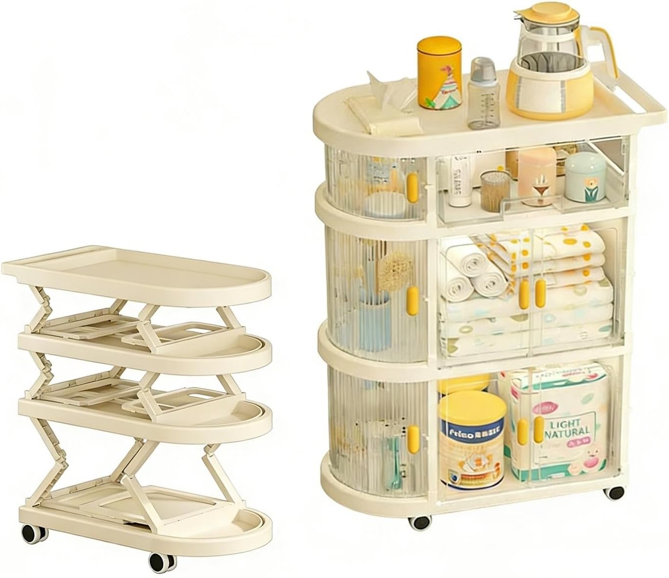 Baby supplies stroller, foldable multifunctional, movable feeding table storage cabinet, bedside baby organizer cart, small floor-standing bedroom rack(White)