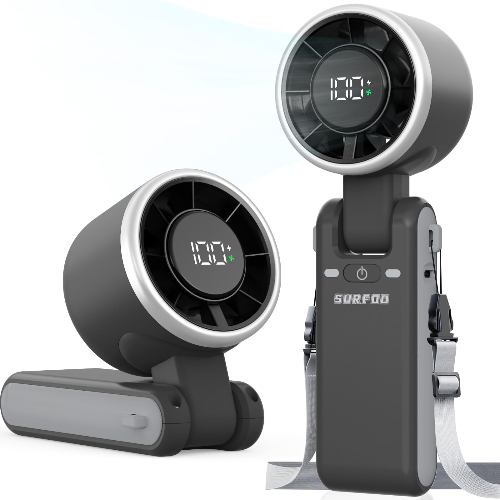 SURFOU Ventilatore Portatile 4000mAh, USB Ricaricabile con 5 Velocità e Display LED, 3 in 1 Pieghevole, da Tavolo o da Collo, con Flusso d'Aria Potente, per Viaggi, Ufficio ed Esterni (Nero)