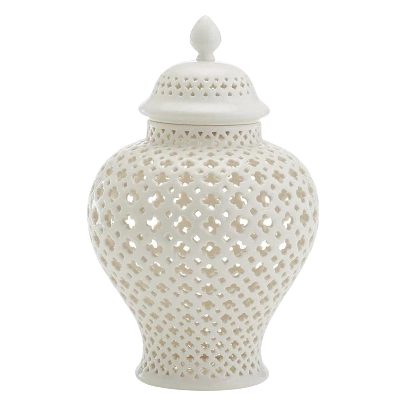 Light Luxury Ceramic Ginger Jar Display Lattice Hollow Vase Temple Jar Storage Jars Handicraft Ornaments for Desktop Office Gift Decoration, White