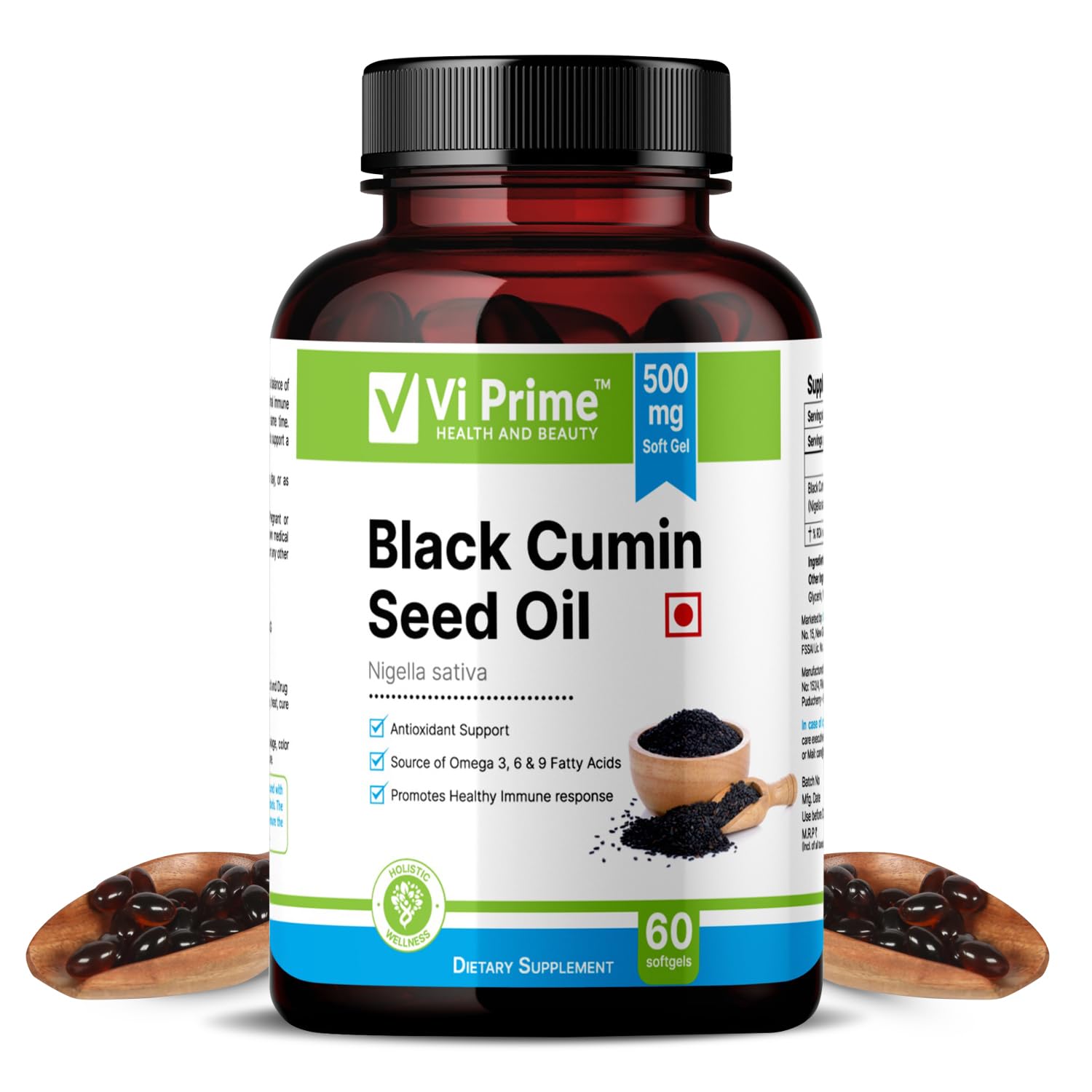 Vi Prime Black Cumin Seed Oil Capsule,60 Soft Gels,|Controls Hair Fall | Healthy Digestion & Boosts Immunity, Protect the Liver For Lower Cholesterol,Skin care-500mg
