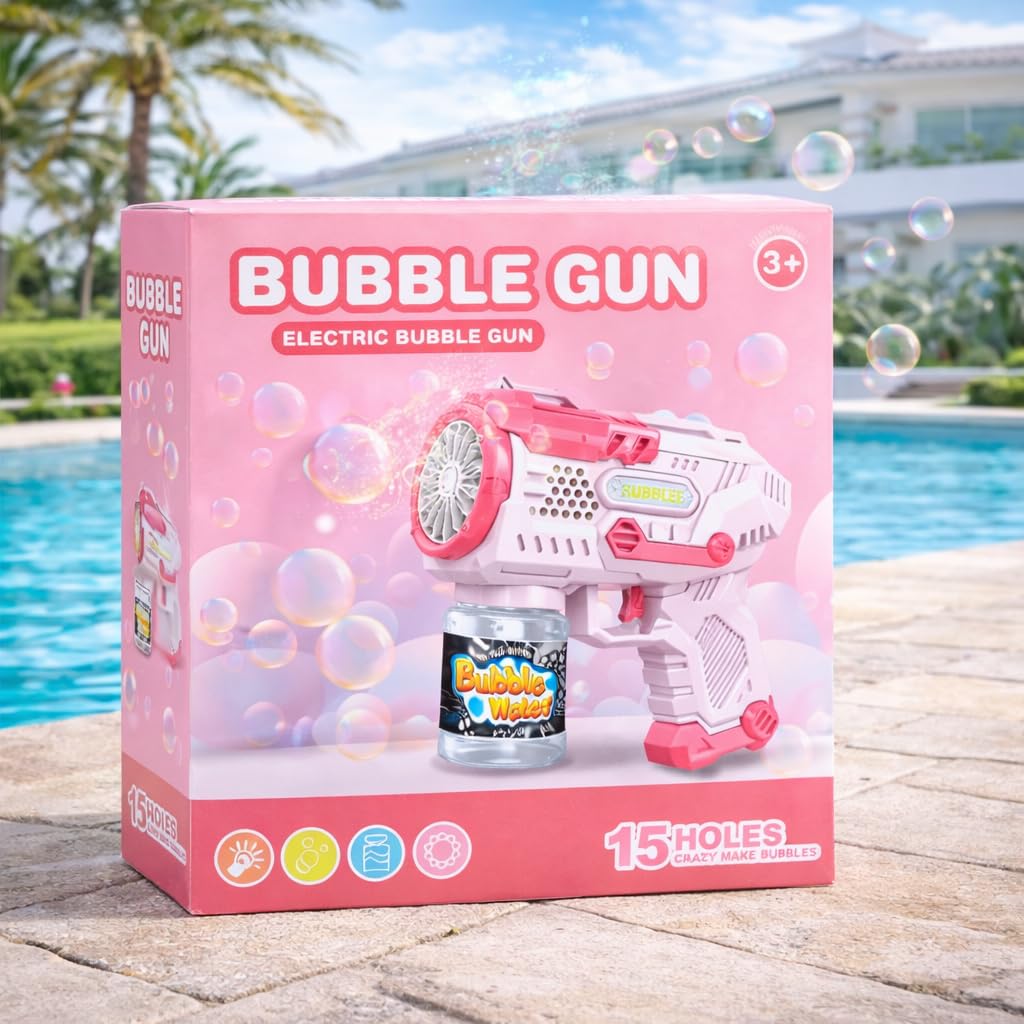 Electric Bubble Gun for Kids - Pink LED Light Toy -6