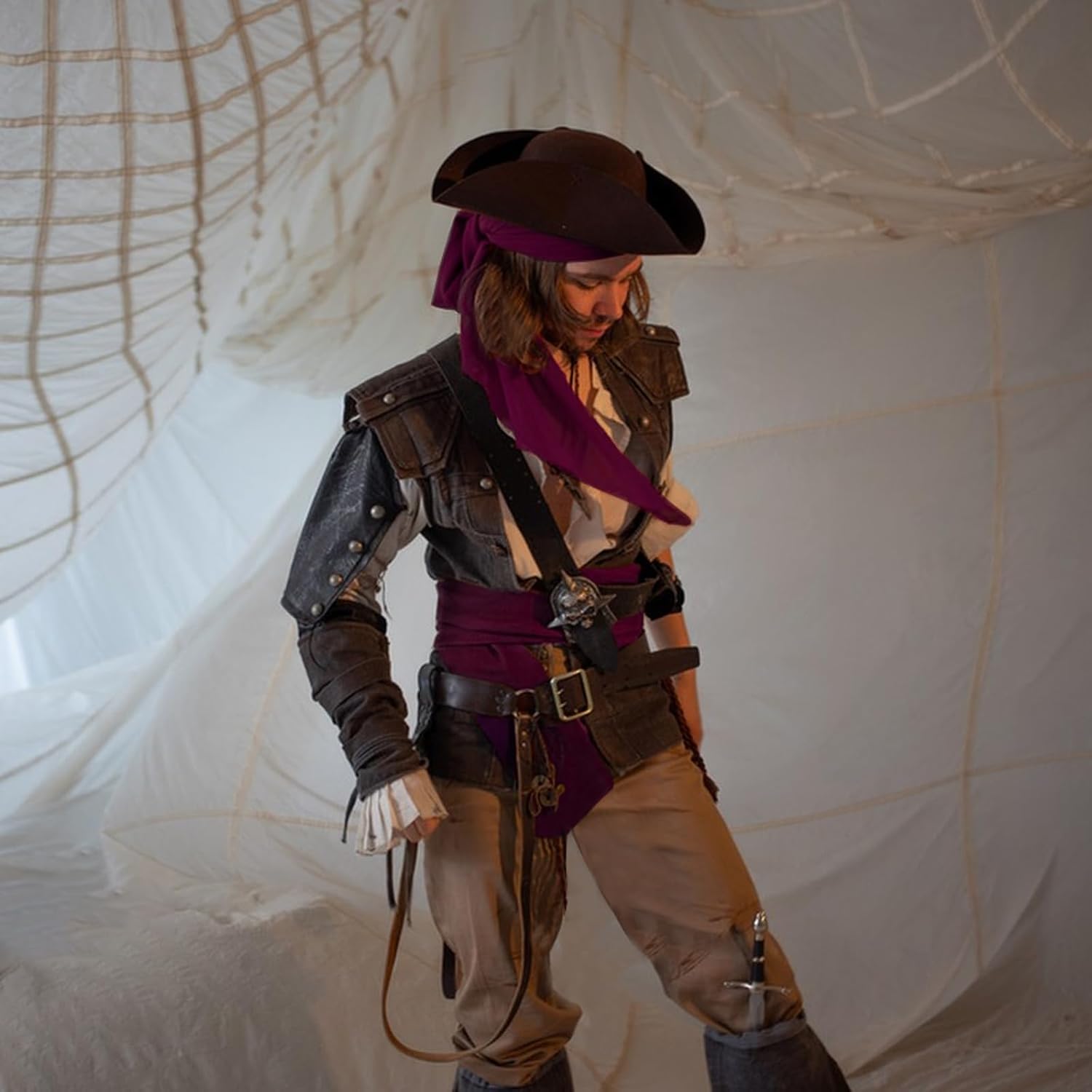 Adult Costume Accessories Set - Women's Pirate Hat, Halloween Head Scarf, and Sash Belt - Image 4