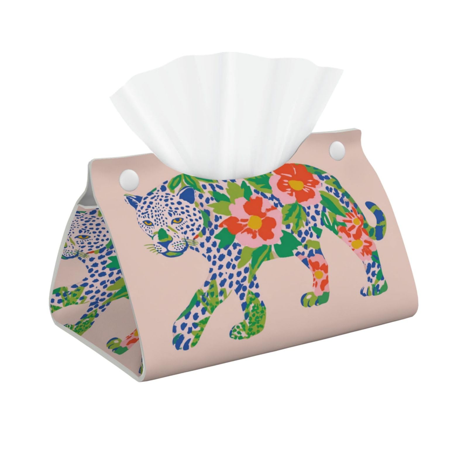 Patchwork Leopard with Floral Pattern Tissue Box Cover Rectangle Pu Leather Tissue Box Holder for Car Bathroom Bedroom Desk Tabletop Decor