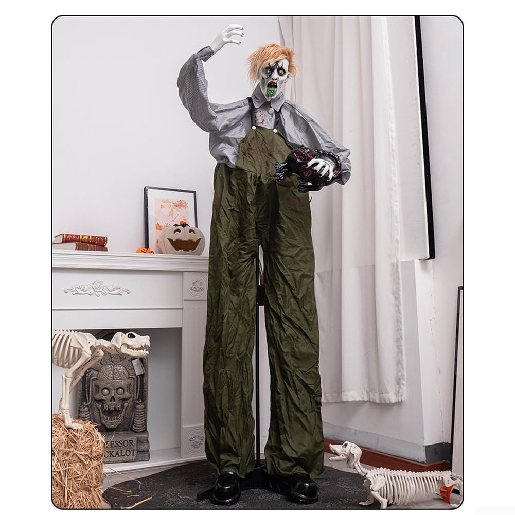Halloween Zombie, 190cm Großer Zombie, der einen Overall trägt und eine Katze hält, kann die Horrordekoration des ganzen Körpers drehen, Halloween-Dekorationen, Spukhaus, Rasen, Hofdekoration