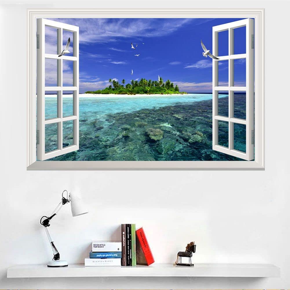 Autocollant Mural 3D Bord De Lac Lichi - Déco Fenêtre Vue Forêt - PVC Décoratif Salon, Chambre, SDB