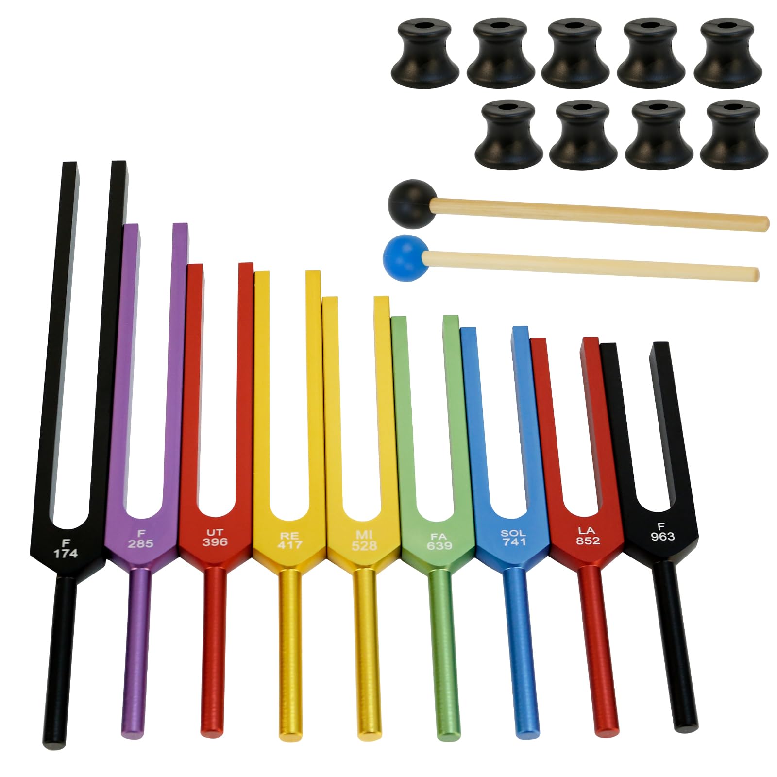 Diapasón Solfeggio, Set de 9 Diapasones de Colores en Aleación de Aluminio con 2 Martillos de Silicona, para Yoga y Relajación (174 Hz, 285 Hz, 396 Hz, 417 Hz, 528 Hz, 639 Hz, 741 Hz, 852 Hz, 963 Hz)