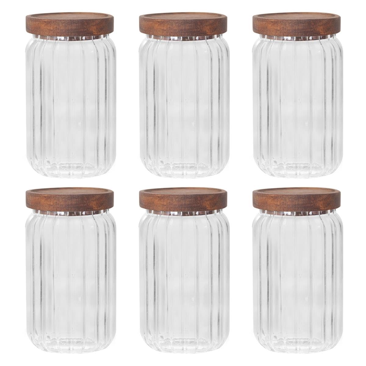 YöL Pack of 6 600ml Glass Storage Container Wooden Lid With Silicone Seal Modern Ribbed Finish - Dry Food Storage Jar Tea Coffee Sugar Flour Oats Pasta Cereal Kitchen