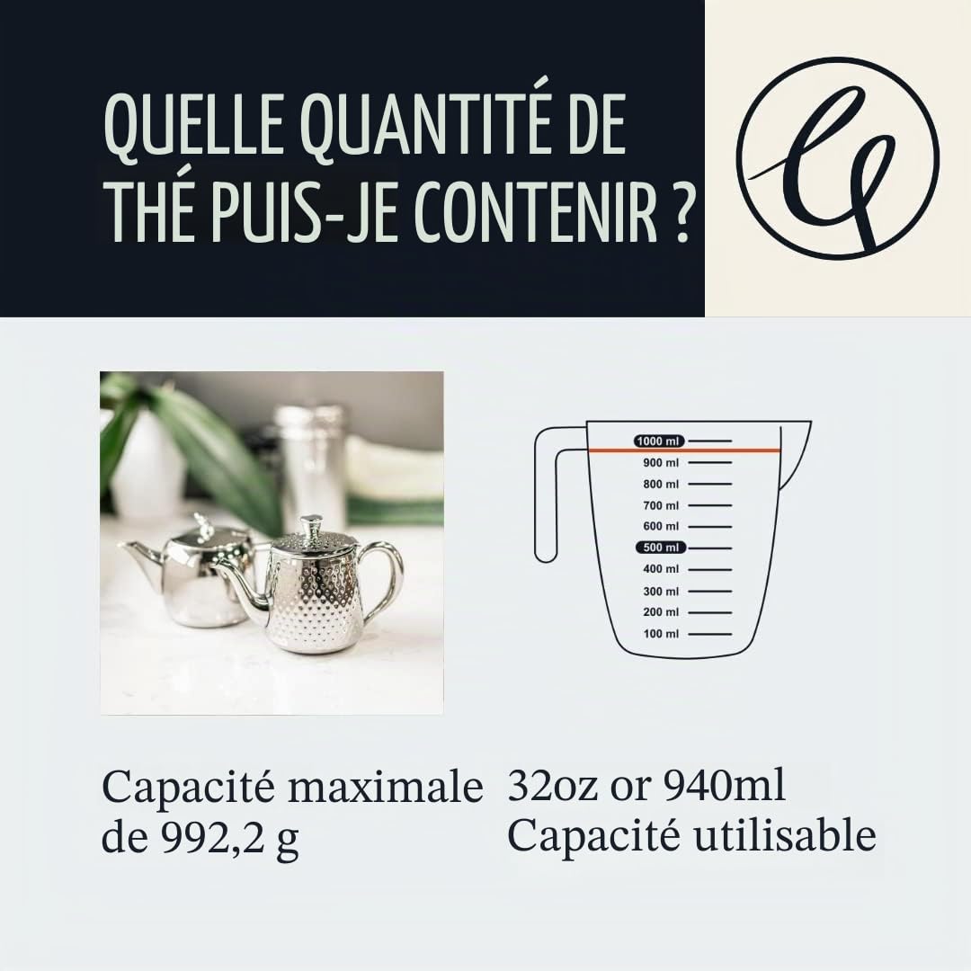 Café Olé Sandringham Théière avec effet martelé en acier inoxydable 18/10 – fini miroir, argent, 35oz, 1.0L