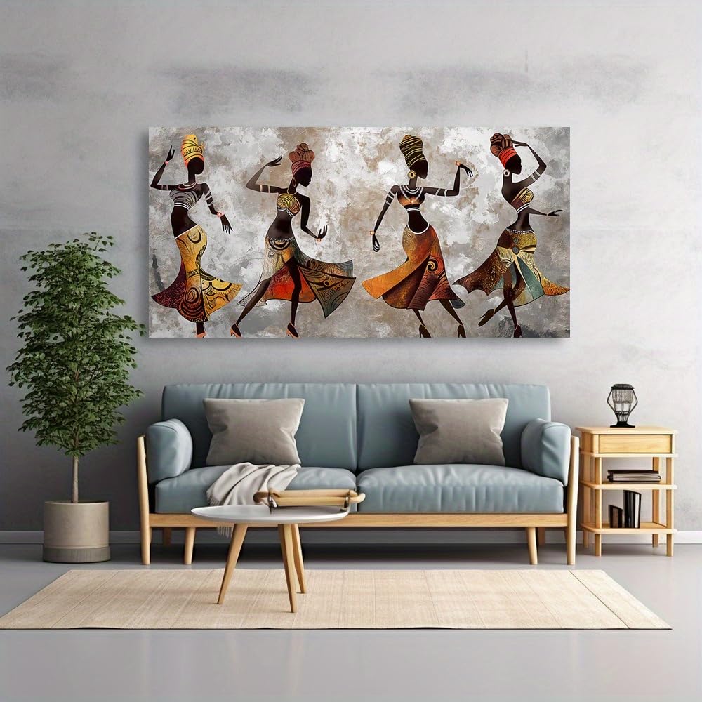 awitufhgp Abstrakcyjny obraz inspirowany Afryką - Nowoczesna grafika na płótnie, żywe tańczące figury, ziemiste odcienie, do salonu i sypialni (45 x 90 cm/z ramą)