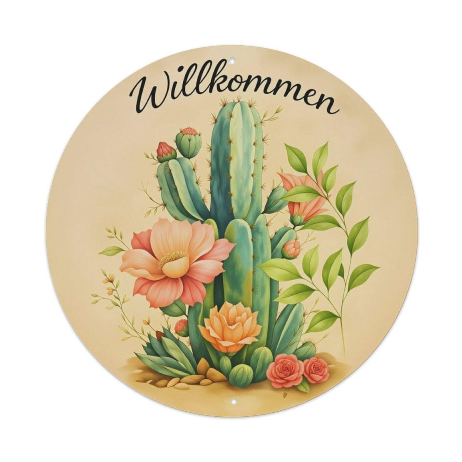Watercolor Cactus Floral German Willkommen Garden Round Tin Sign Vintage Aluminium Metal Sign, Retro Wall Decor for Home, Bar, Garage & Farmhouse 20x20cm