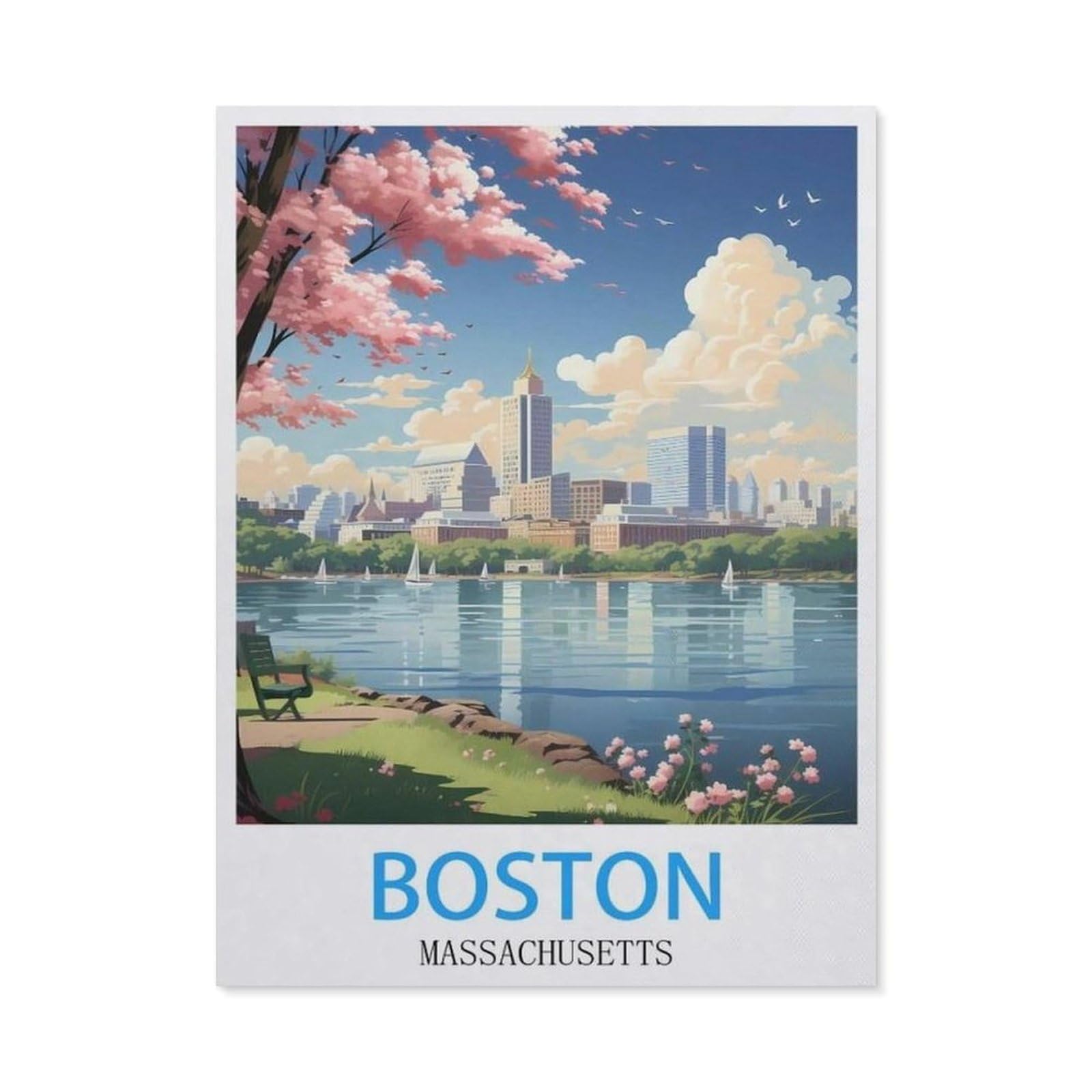 BEAYODKP Boston Massachusetts Vintage Travel Poster，5D DIY Diamond Painting Full Round Drill Diamond Embroidery Cross Stitch Rhinestone Mosaic Paintings Art（30 x 40 cm/11.81 x 15.74 inches）-BX42
