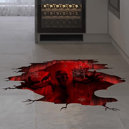 Miniatura 6 de Calcomanías 3D para suelo de Halloween, diseño de zombi aterrador, decoración artística, fantasma sangriento, calcomanías de suelo estiradas,