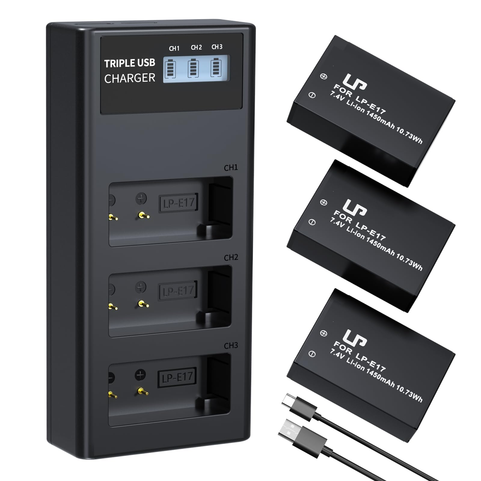 LP LP-E17 Batteria e Caricabatterie 3-Pack 1450mAh Batteria Tripla Slot Charger