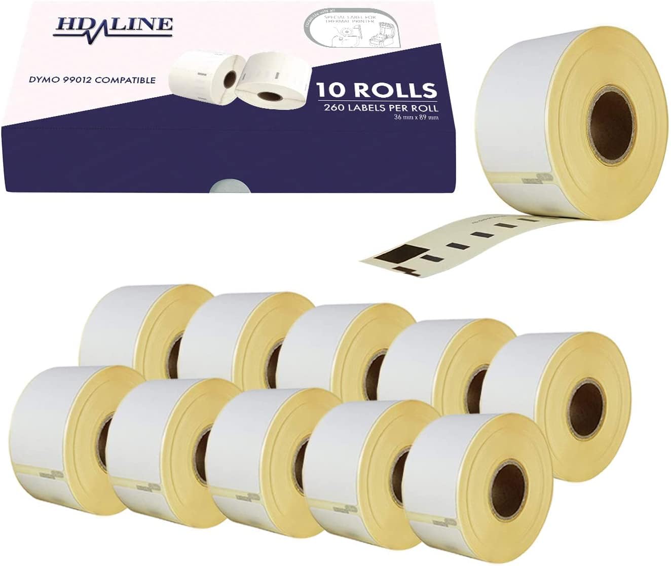 Etiquetas Dymo Labelwriter 99012 - paquete de 10 rollos de etiquetas x 260 piezas por rollo = 2600 etiquetas, autoadhesivas, compatibles con impresoras de etiquetas Dymo Labelwriter & Seiko,89 X 36 mm