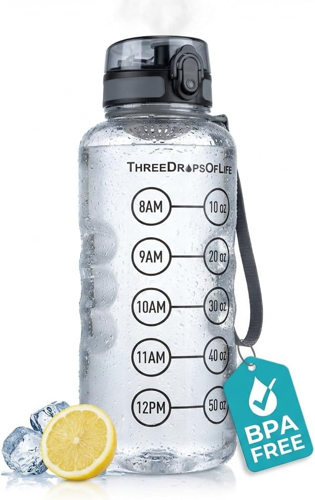 50oz Water Bottle Timer Reminder, Measuring Lines Container, Clear Tritan Plastic, BPA Free, Flip Top, Leak Proof Lid, Motivational Reminder Bottles, Reusable Time Markings for Drinking