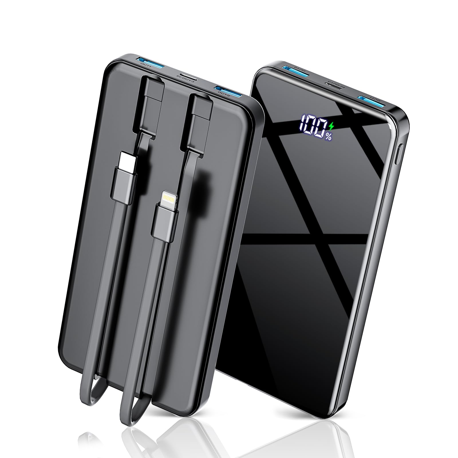 Portable Charger with Built in Cables, 25000mAh Power Bank Fast Charging 5 Output 2 Input with LED Display Slim External Battery Pack Compatible with Cellphones Tablets and More