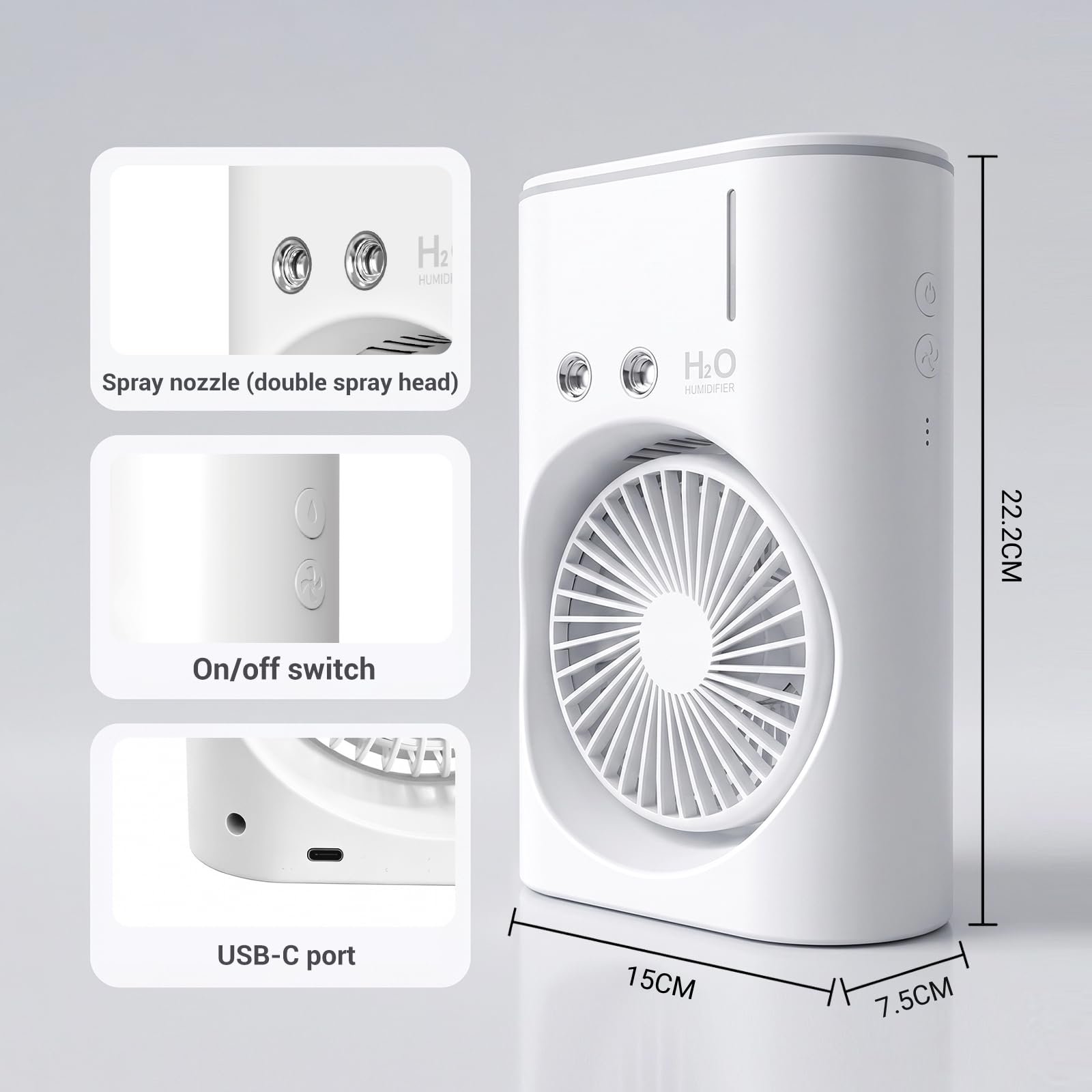 EXTRASTAR Ventilador de niebla portátil, ventilador de carga USB con tanque de agua, iluminación RGB, tanque de 280 ml, ideal para oficina, viajes y actividades de plei