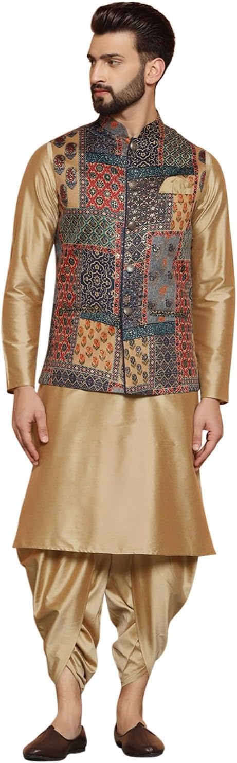 kisah Men's Kurta Jacket Dhoti Set, Black Cotton Blend, Jacquard Regular Fit Mandarin Collar Long Sleeves-picture-14
