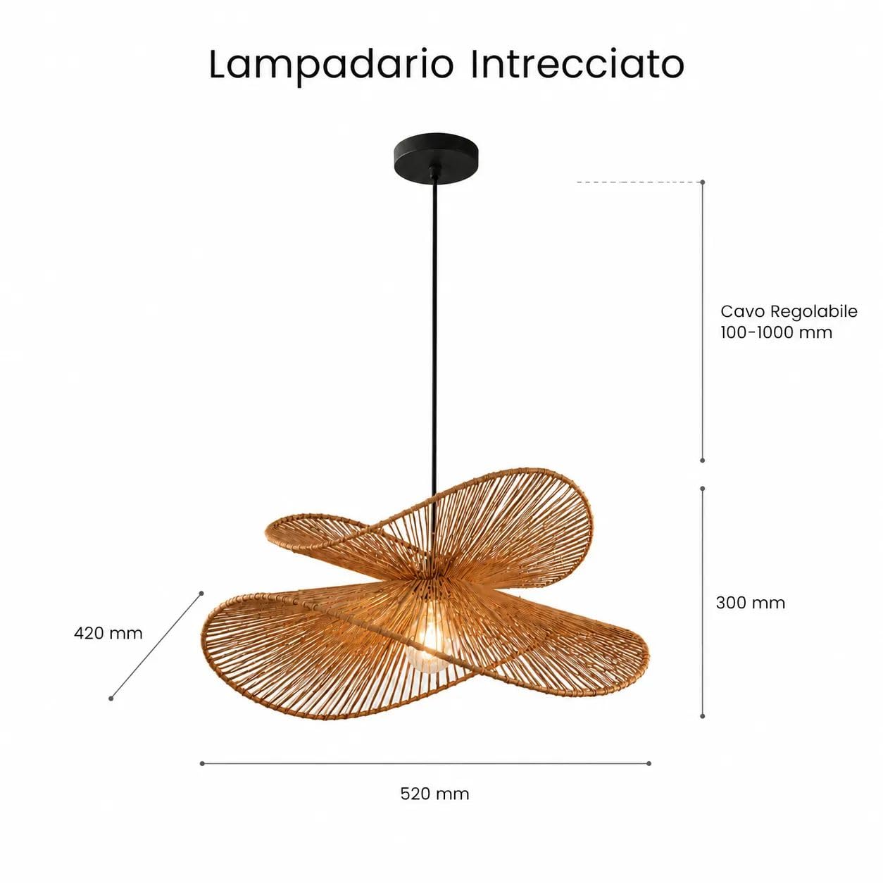 Lampadario Rattan E27 Sospensione Boho Japandi | Cavo Regolabile 100-1000 mm | Design Intrecciato a Doppio Livello | Lampada a Sospensione per Soggiorno Camera Ristorante (Bianco)