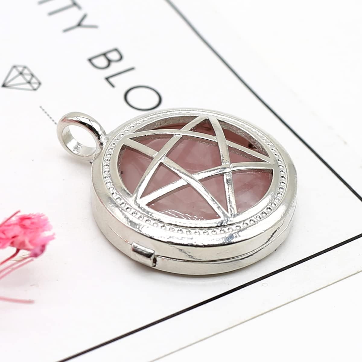 LHJ 5 Pcs Natural Stone Pendant Round Shape Chakra Healing Crystal Agate Stone Pentagram Alloy Shield for Jewelry Making Necklace Decoration - Image 2