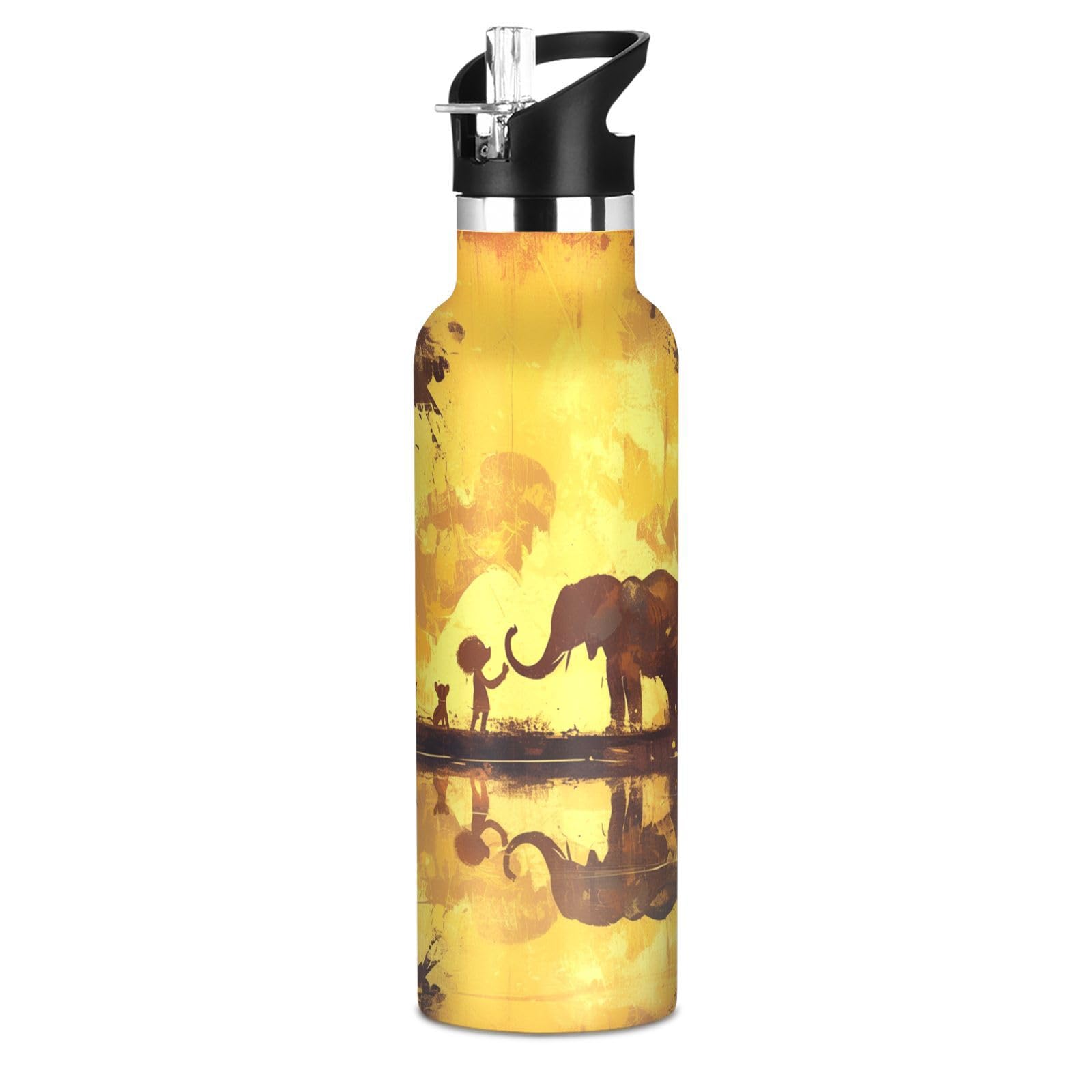 Kaaviyo Boys Pattern Brown Elephants Golden Sunset Water Bottle Stainless Steel Jug Insulated Vacuum Cup For Girls(600Ml)