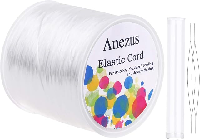 Stretchy String for Bracelets, Anezus Elastic String Jewelry Bead Cord with 2pcs Large Eye Beading Needles for Seed Beads, Pony Beads, Bracelets and Jewelry Making White
