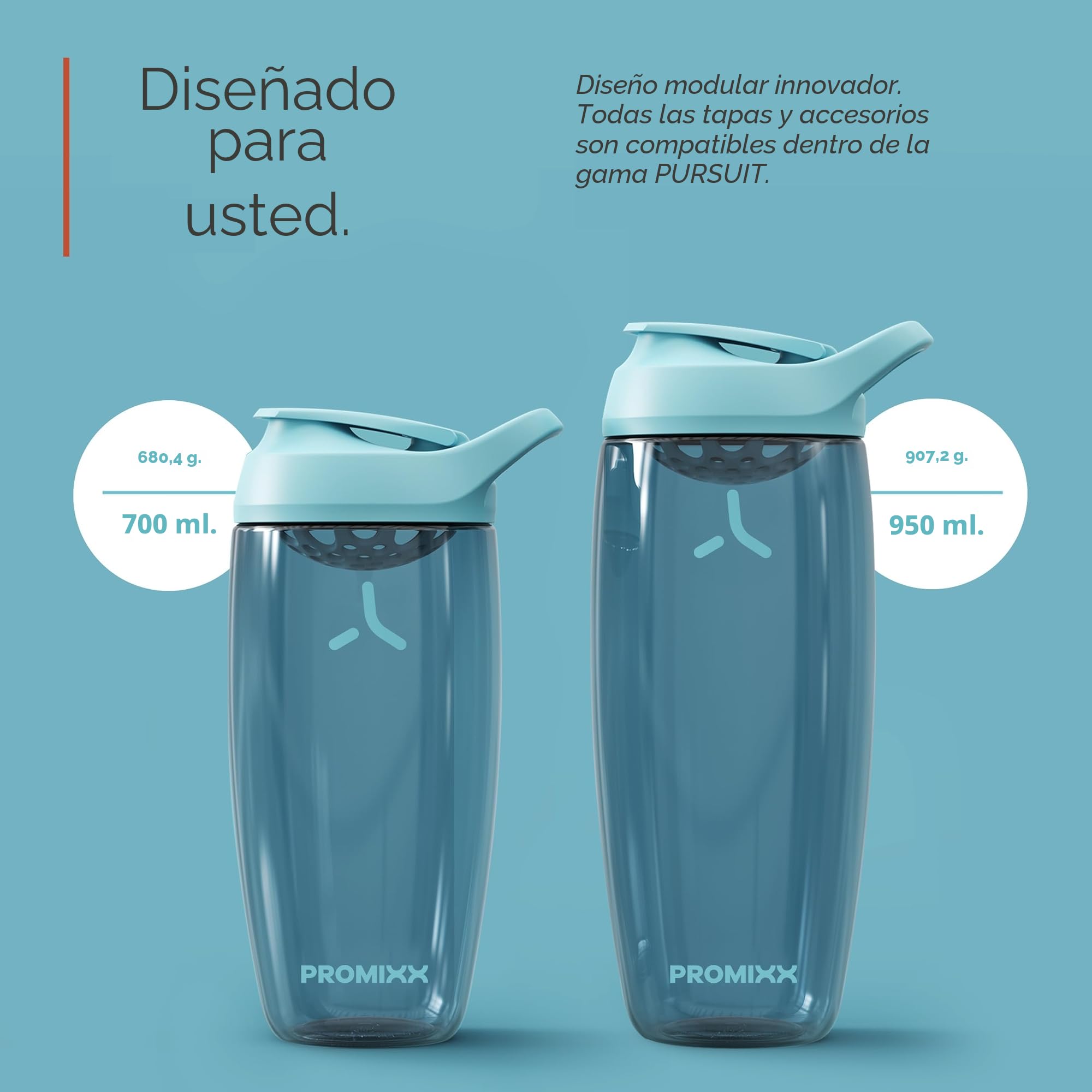 PROMIXX PURSUIT botella mezcladora de proteínas 2 unidades, botellas mezcladoras deportivas para mezclas de proteínas y batidos de suplementos – Azul Medianoche, Gris Grafito, 950ml
