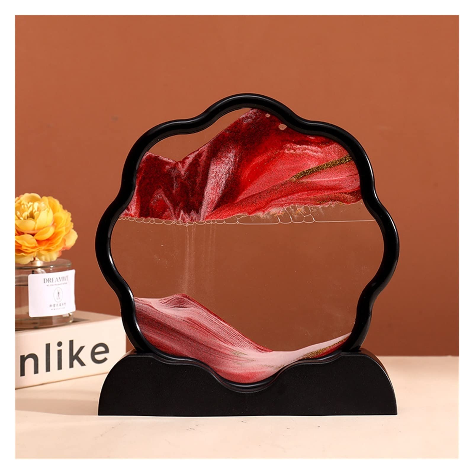 Meiiron Moving Sand Art Picture, Sandscapes 3D Deep Sea Display in Motion Dynamic Flowing Grit Photo Hourglass Desktop Art Sensory Relaxing Desktop Decor Party Gift (Color : Black Frame-Red)