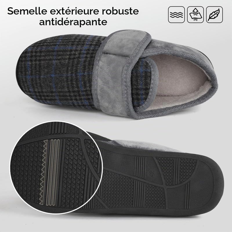 TIESTRA Pieds larges Hommes Chaud Pantoufles DiabéTique Semelle en Mousse à Mémoire de Forme Pantoufles en Feutre pour Hommes avec Hook and Loop EU 41-47