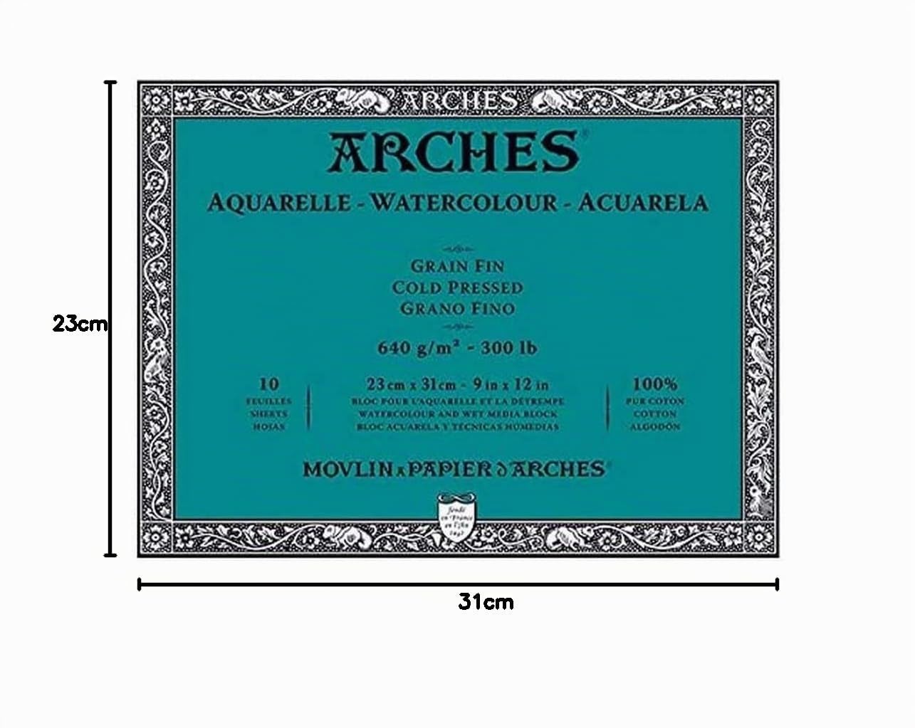 Arches Blocco 4 Lati carta acquerello bianco naturale 23 x 31 cm bianco