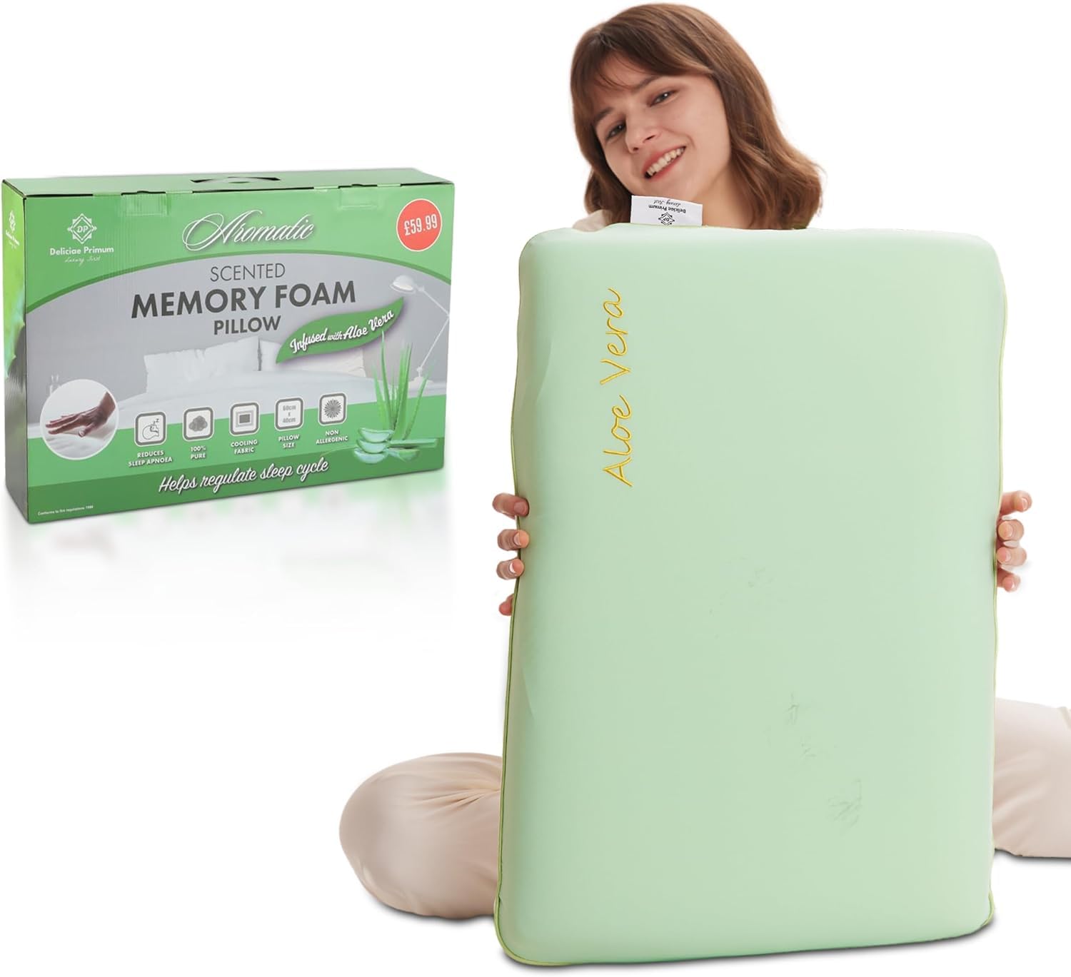 Artistic Fashionista Limited Aloe Vera Premium Scented Memory Foam Pillow – Orthopaedic Support With Cooling Fabric, Breathable & Hypoallergenic – Anti Snore - Reduces Sleep Apnoea, Stress & Anxiety (Aloe Vera)