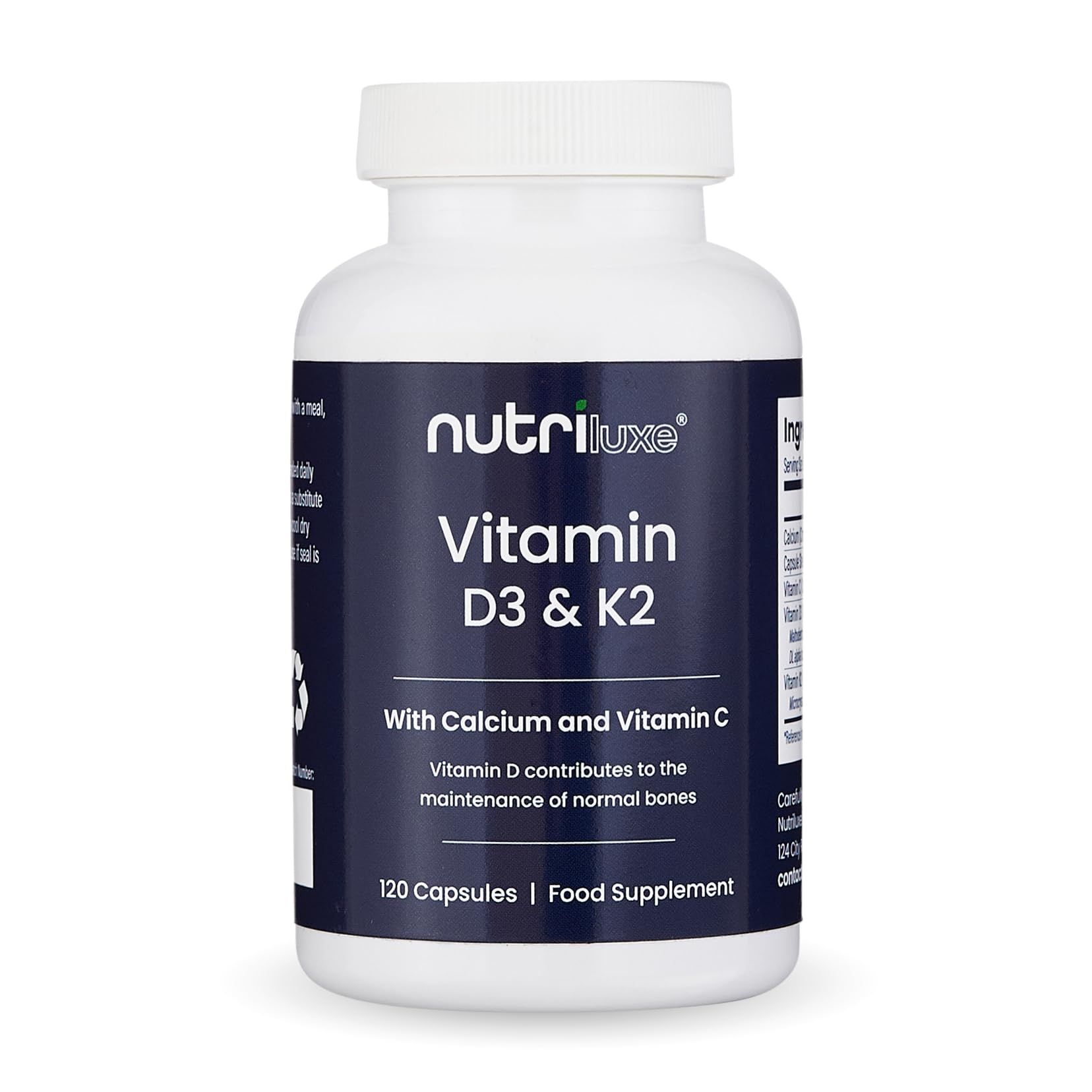 Nutriluxe Vitamin D3 4000 IU & K2 MK-7 100 mcg | with Calcium & Vitamin C | Joint, Bone, Heart & Immune Support | 120 Vegetarian Capsules – Made in The UK