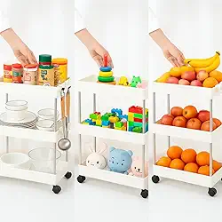 Prateleira com Rodinhas Fruteira 3 Andares Plástico Organizador Cozinha Banheiro Lavanderia Escritório com 4 Ganchos Cesta Carrinho Auxíliar Slim Branco