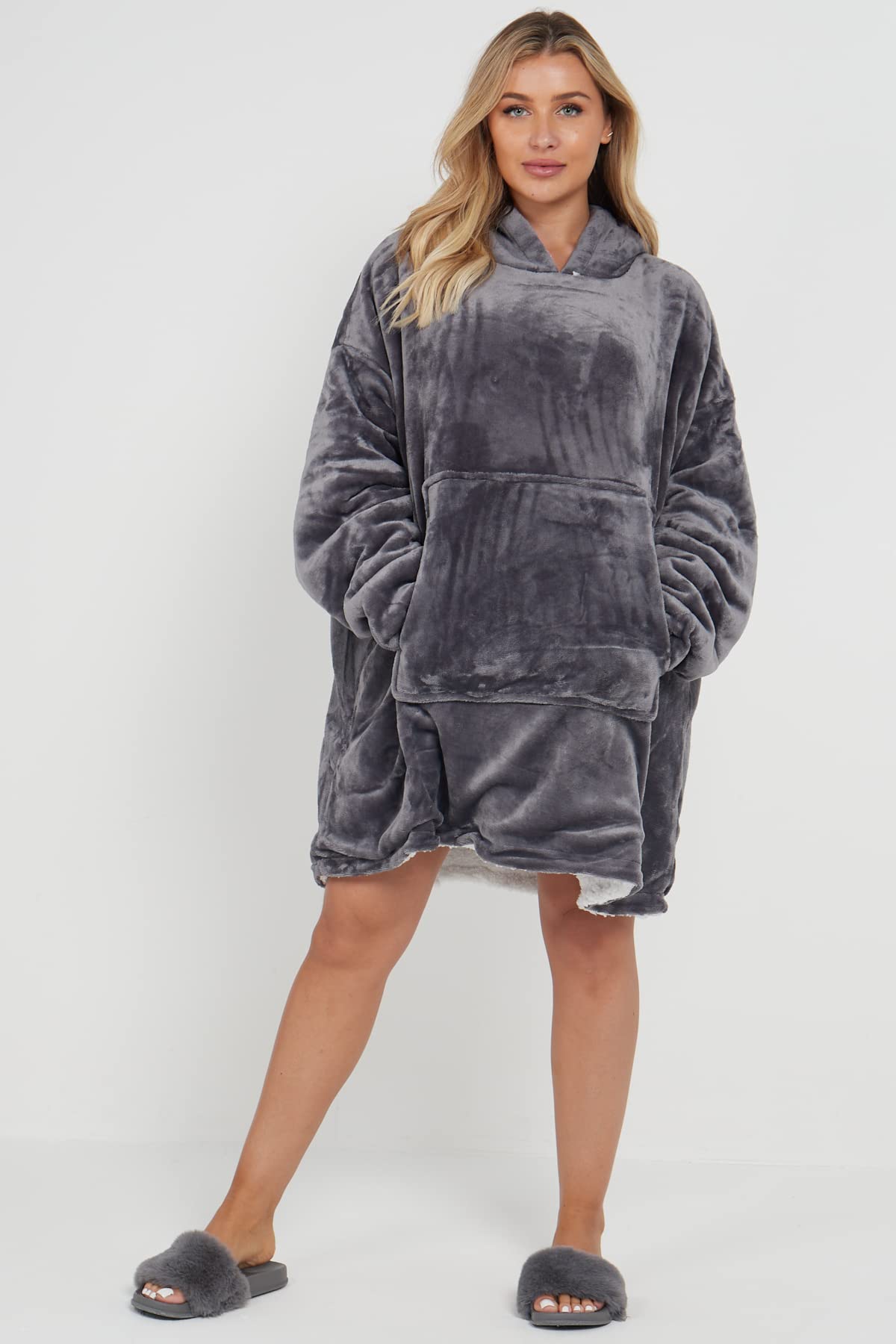 NIGHTZONE Oversize Teddy Sherpa Cuddly Cosy Sweatshirt Hoodie Thermal Giant Blanket with Front Pocket Adults Teens Mens Womens (Grey)
