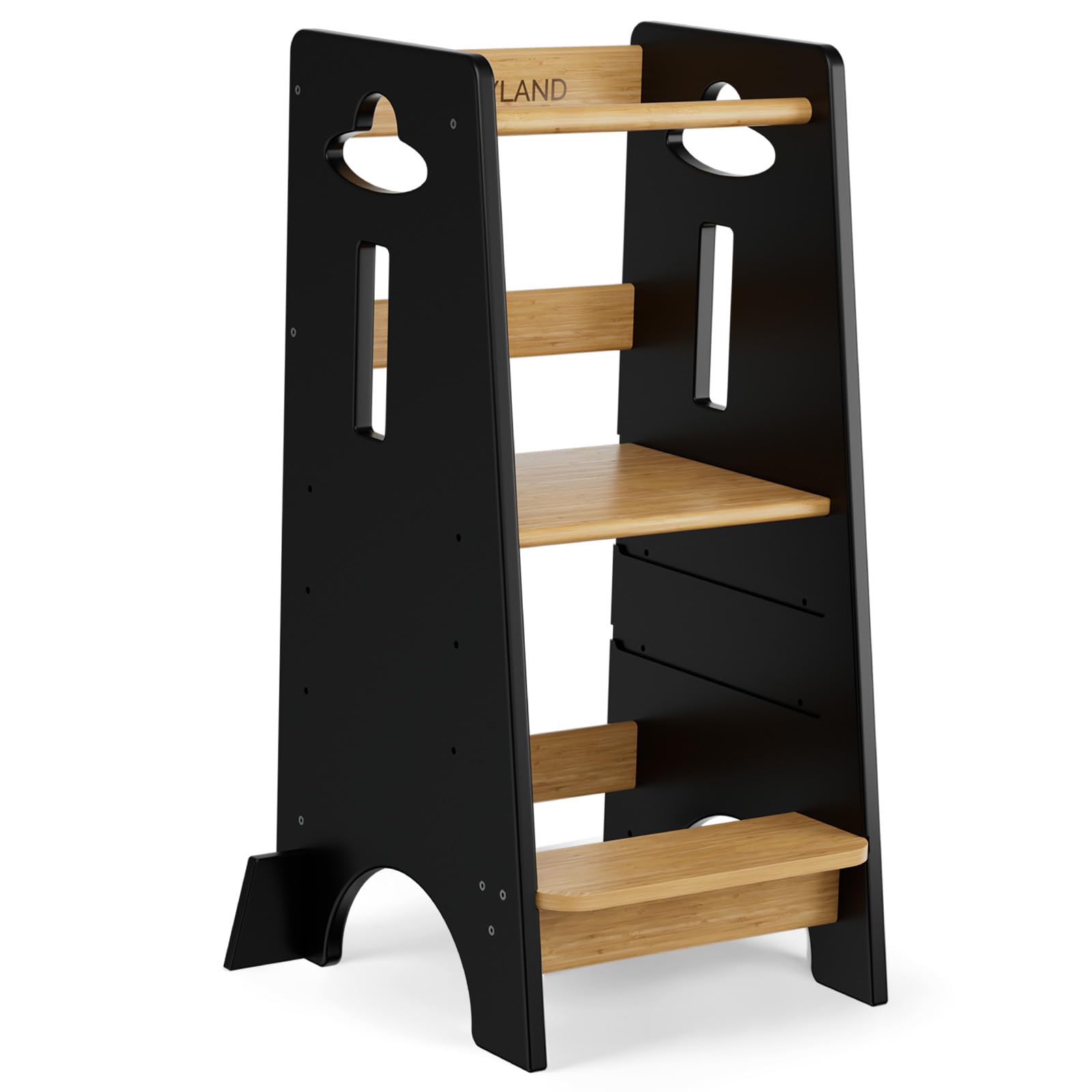 COSYLAND Torre Montessoriana Bambini da 1 Anno – Torretta Montessoriana in Legno Spesso, Regolabile a 3 Altezze (Nero Classico & Naturale)