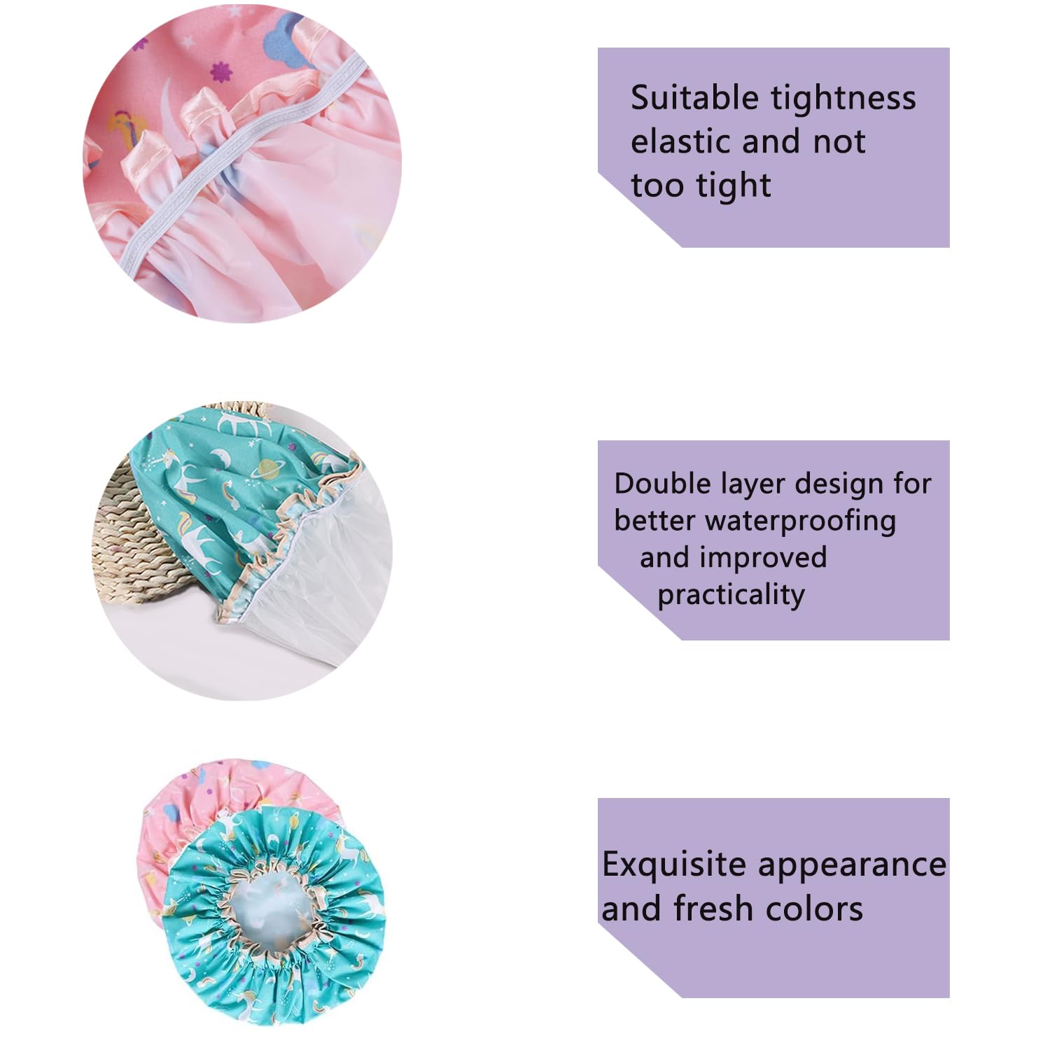 Lcvasvuz 2 Pcs Unicorn Shower Cap with Lace Elastic Band Waterproof Shower Cap for Kids and Women Ideal for Long Hair - Image 3