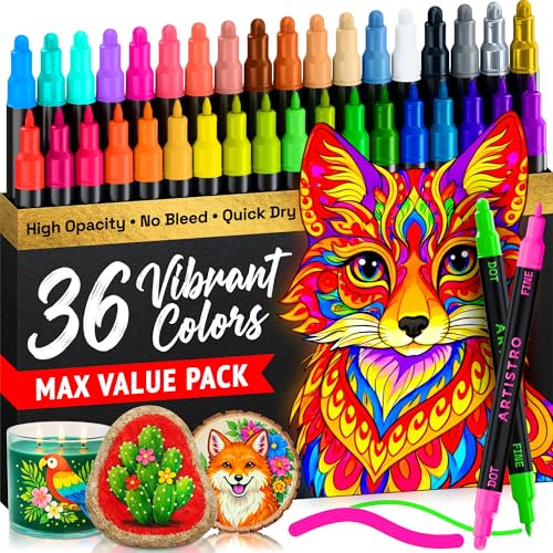 Image of ARTISTRO 36 Acrylic Paint Markers for Rock, Fabric, Wood, Glass, Eggs - Dual-Tip Paint Pens for Coloring Books for Adults, Teens, Kids - Art & Craft Supplies - Gift Idea - Easter Basket Stuffers