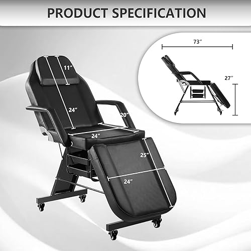 Miniatura 4 de Silla de tatuaje para cliente, silla facial con ruedas, cama de tatuaje ajustable de 73 pulgadas para artista, mesa de masaje con taburete, cama