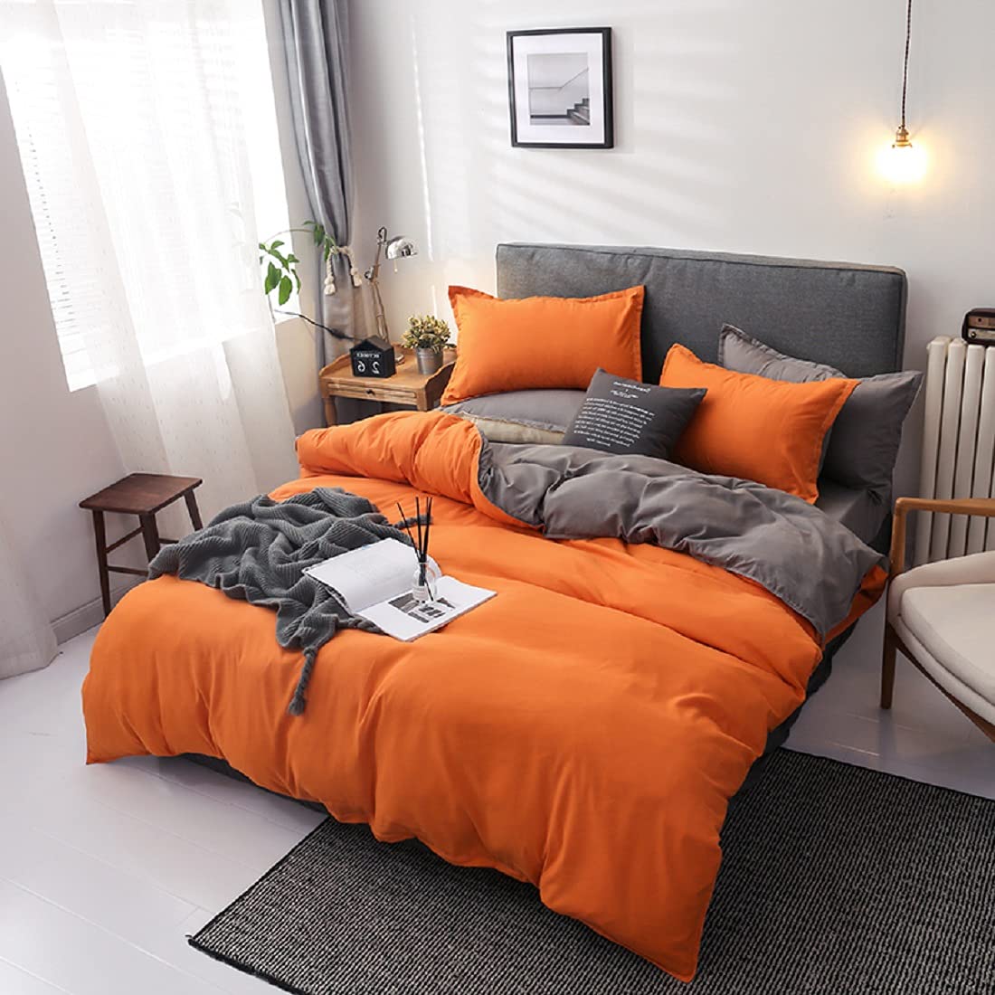 Gezu Sets de Housse de Couette 240x260 Orange Gris Unie Réversible Parure de Lit 2 Personnes Microfibre Enfant Adulte avec 2 Taie d'oreiller 65x65cm avec Fermeture Éclair