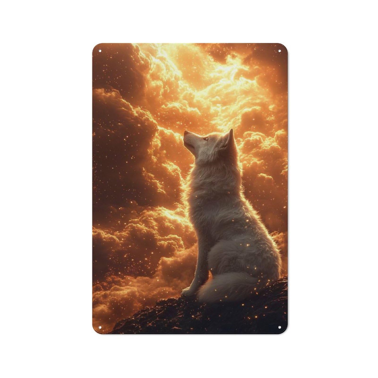Industrial White Wolf in Fiery Clouds Retro Metal Sign 30x20cm, Shed Wall Plaque for Garage, Workshop, Shed Or Utility Room