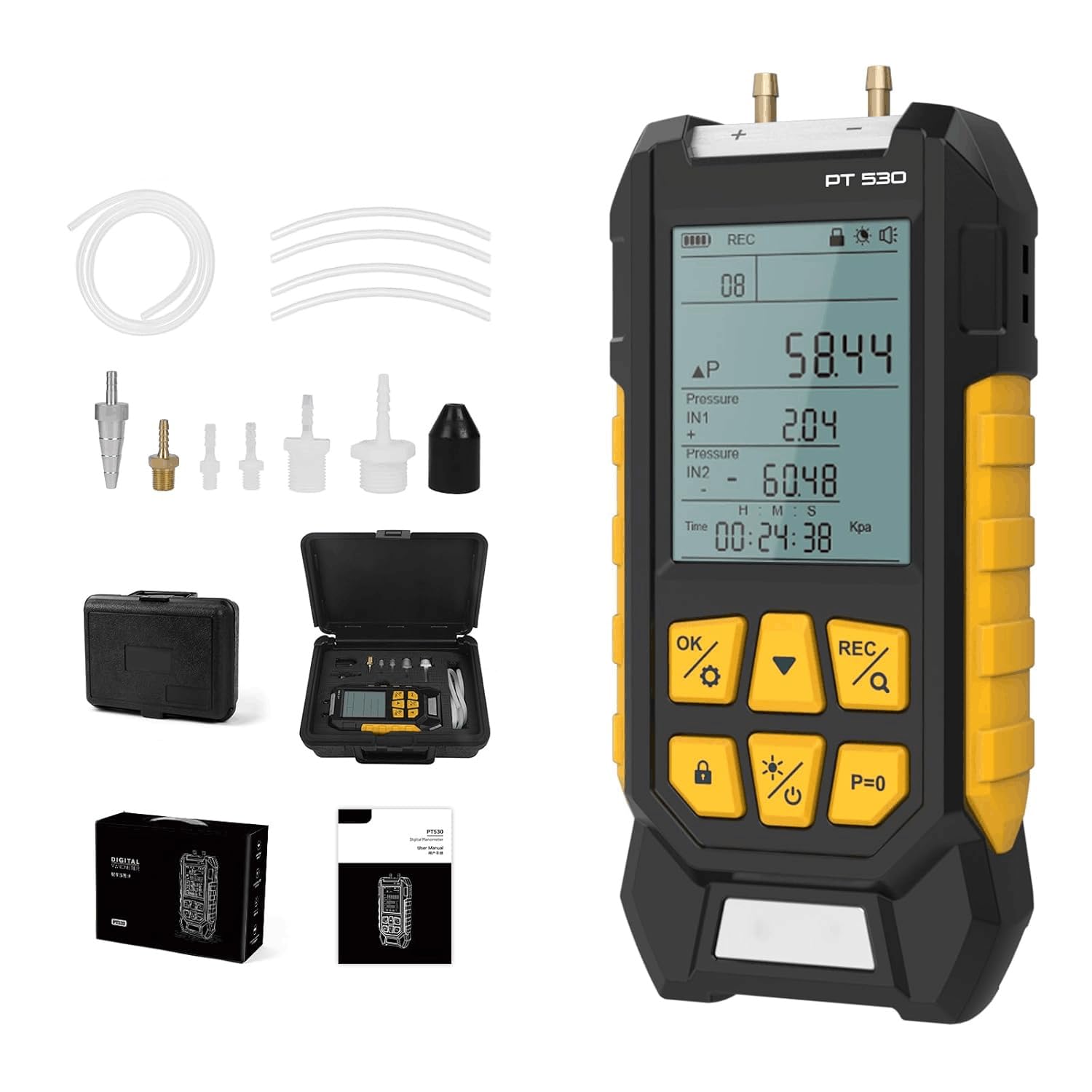 PT530 Manometer-Gasdruckprüfer -100 bis 300 Kpa Digitales Dual-Port-Feldmanometer HVAC 10 Einheiten 7 Adapter, Datensperre und -speicherung Display mit Hintergrundbeleuchtung