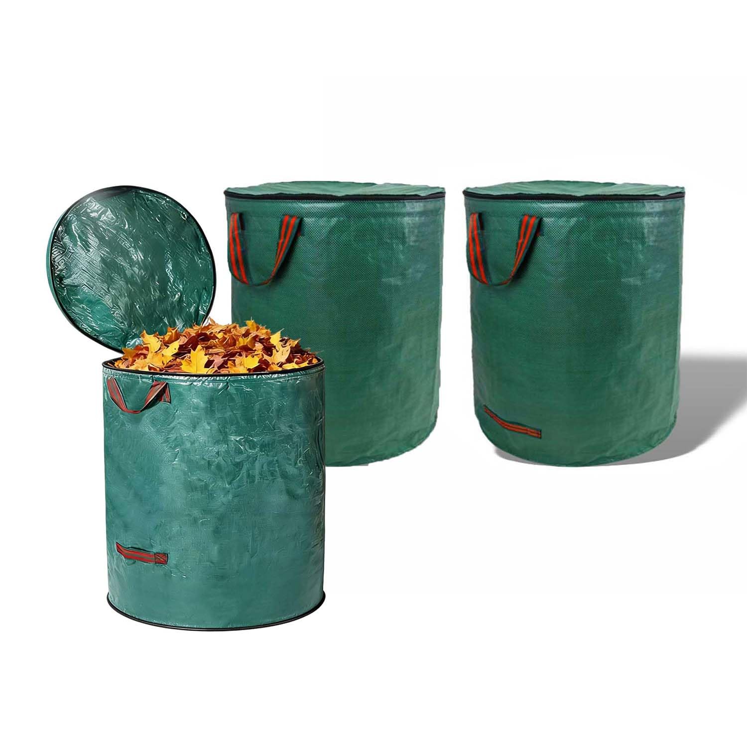 3 bolsas de basura de jardín con asas y tapa, reutilizables y resistentes para recoger residuos de plantas, hierba y hojas, bolsa de jardinería plegable impermeable (500 L)