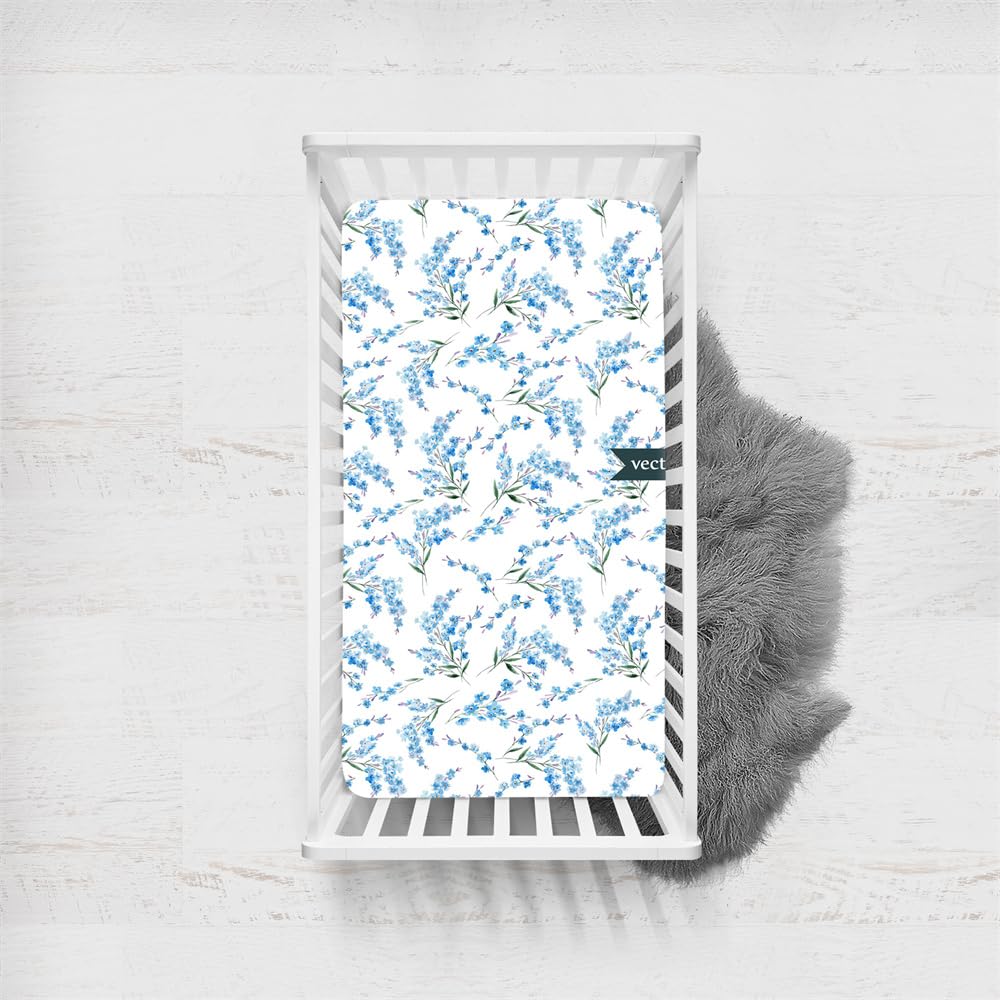 Odot Cot Bed Fitted Sheets, Toddler & Baby Bed Sheets, Elegant Floral Print Microfiber Mattress Protector, Cozy Lightweight Bedside Cribs Bassinet Sheets for Boys Girls (90x140cm,Blue Floral)